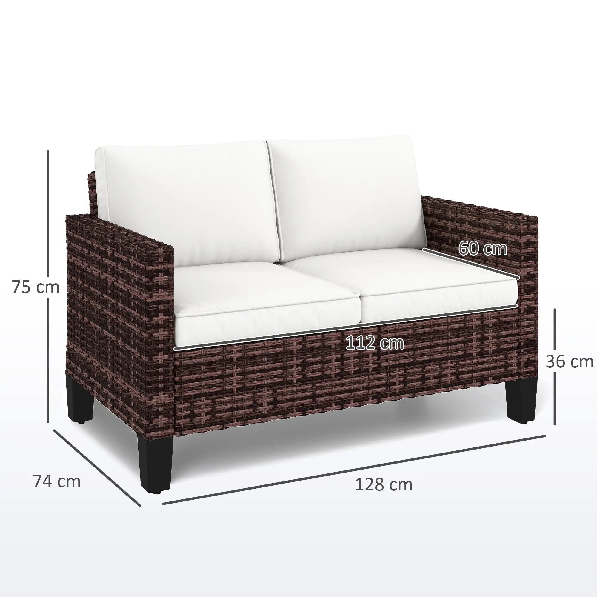 Wicker outdoor sofa with white cushions and dimensions on a white background