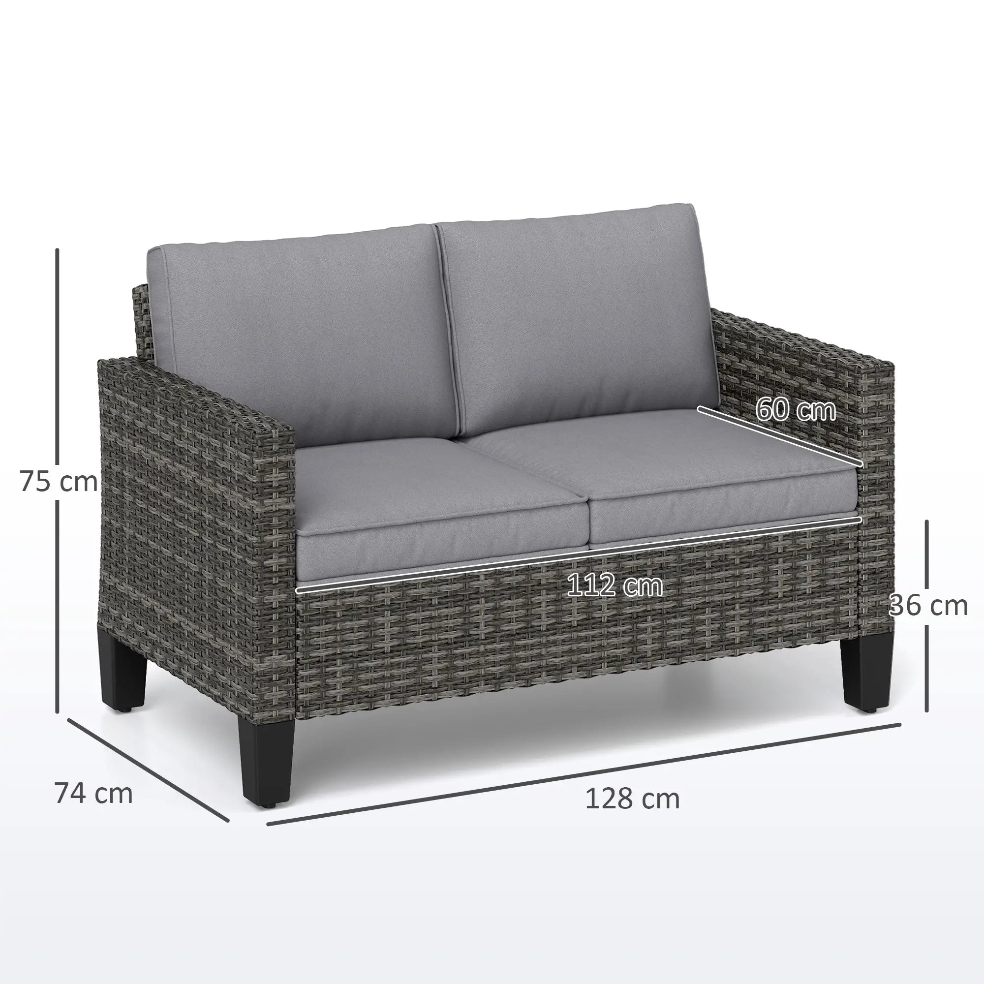 Wicker outdoor sofa with gray cushions and dimensions on a white background