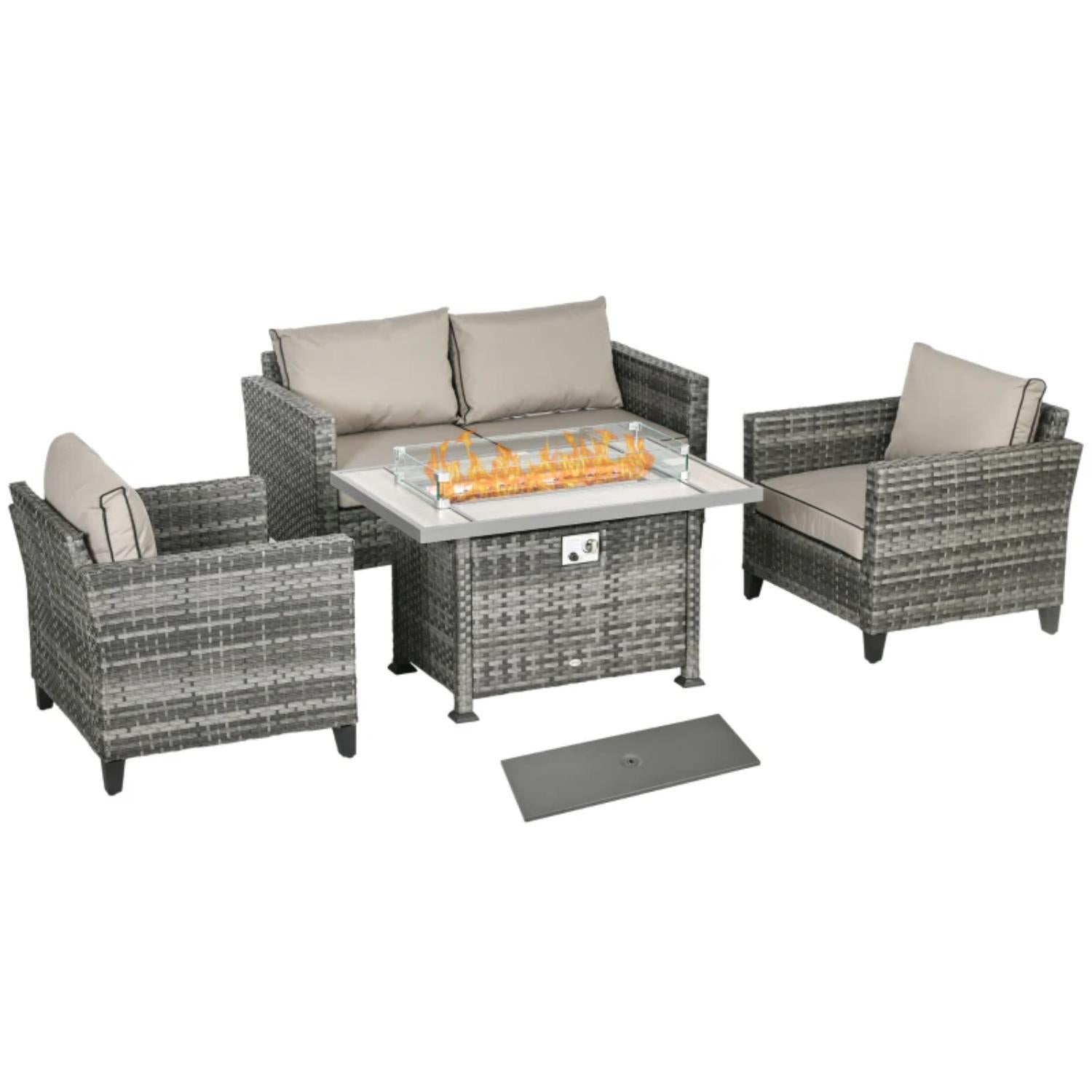 Outdoor patio set with fire pit table and chairs on a white background