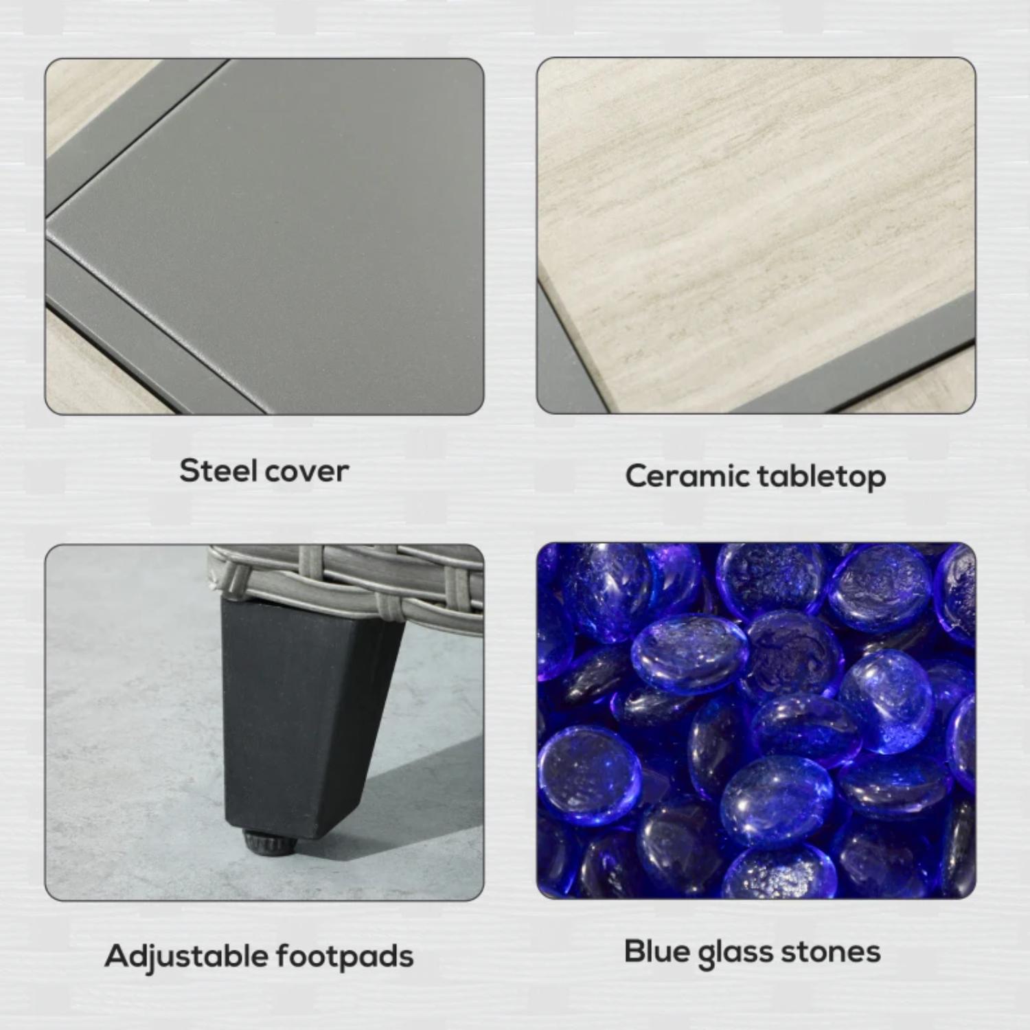 Collage of a steel cover, ceramic tabletop, adjustable footpads, and blue glass stones.