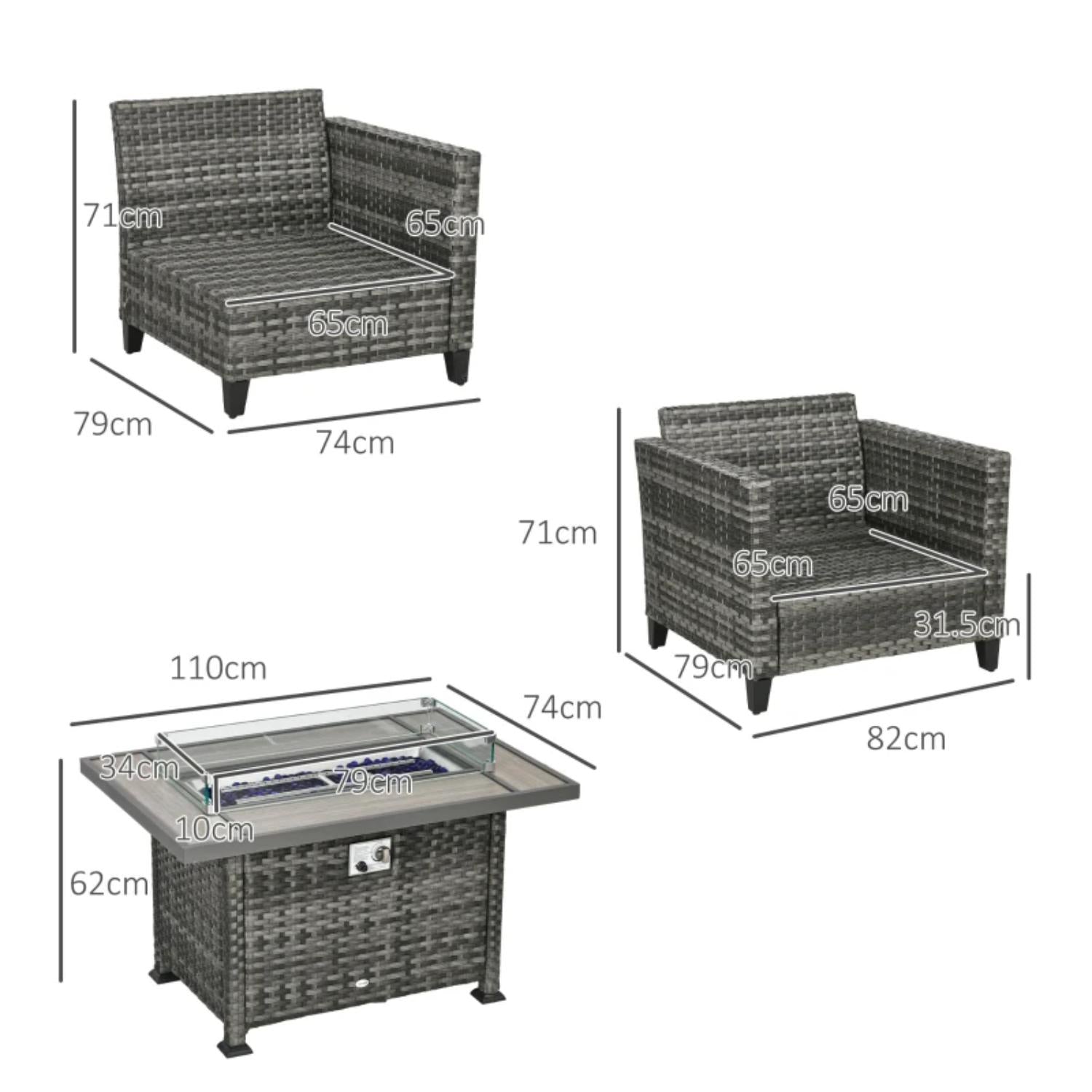 Wicker outdoor furniture set with dimensions on a white background