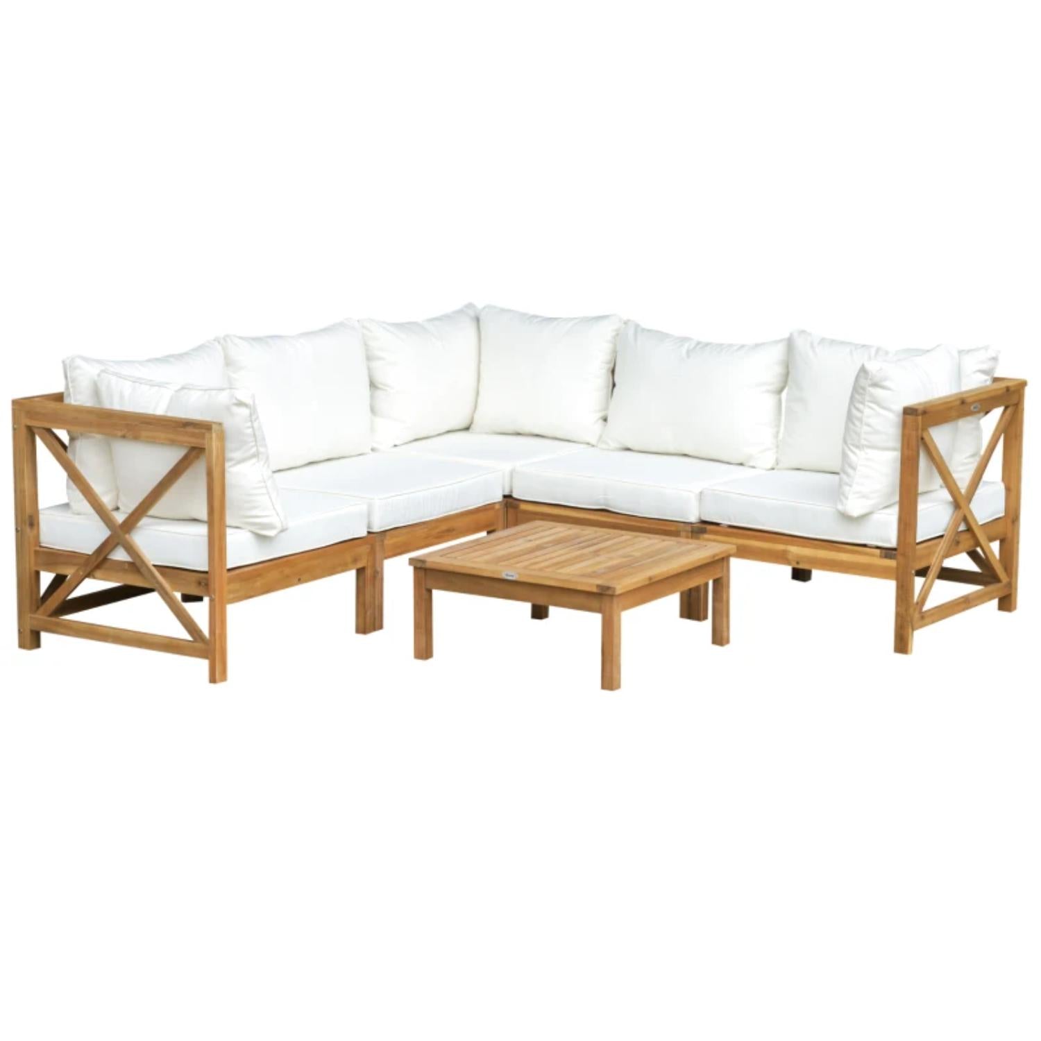 Wooden outdoor furniture set with white cushions on a white background