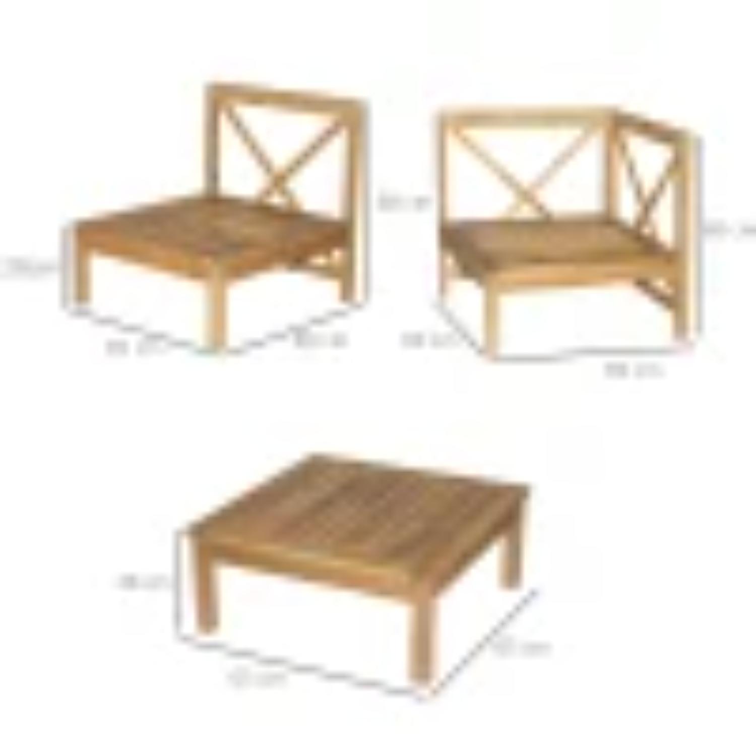 Wooden outdoor furniture set with dimensions labeled on a white background