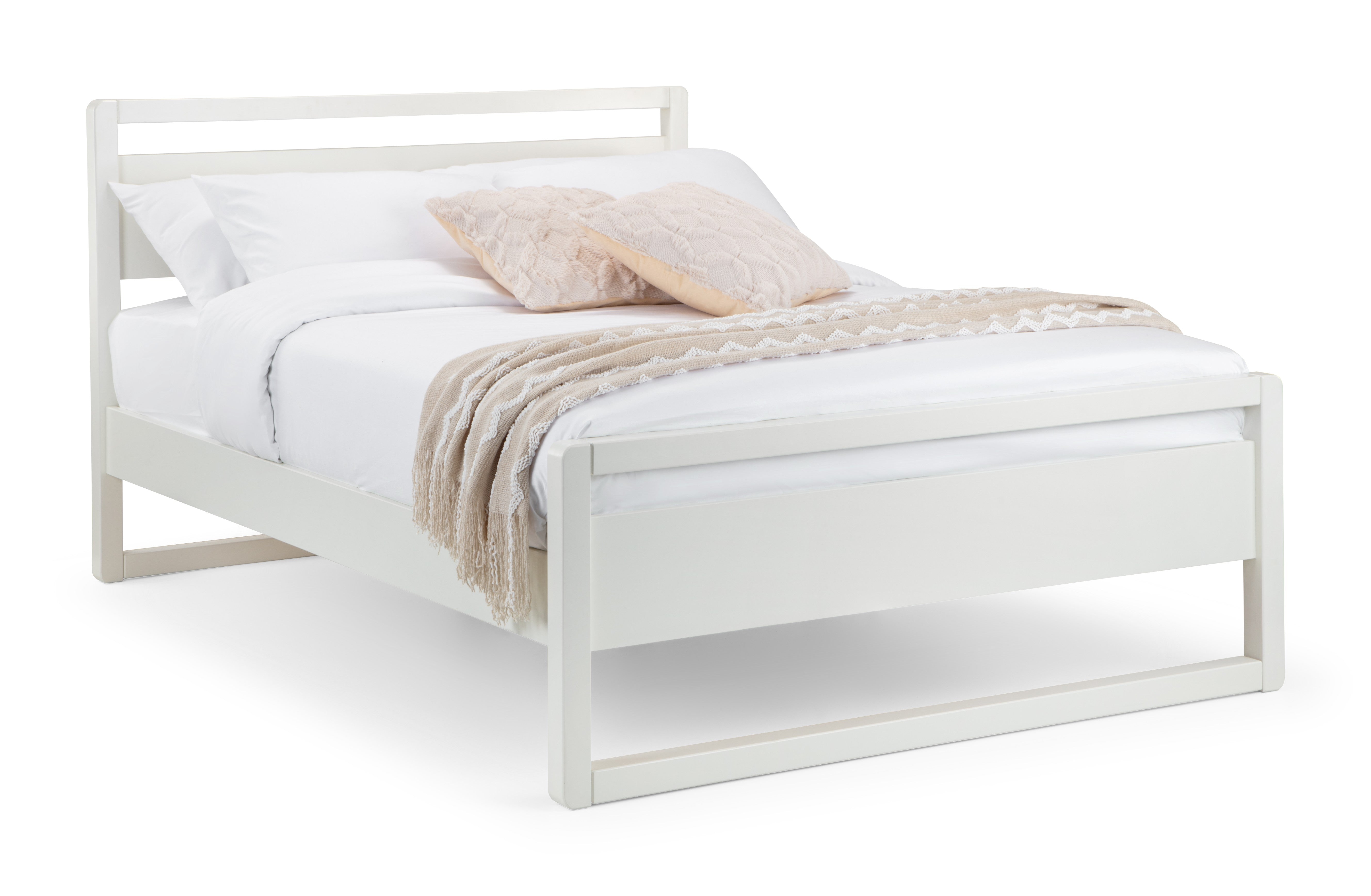 White bed frame with white bedding and a beige blanket on a white background