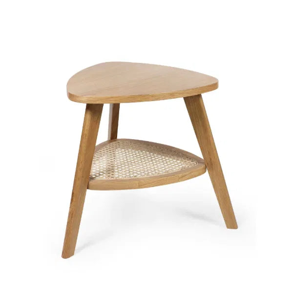 Wooden side table with a woven shelf on a white background