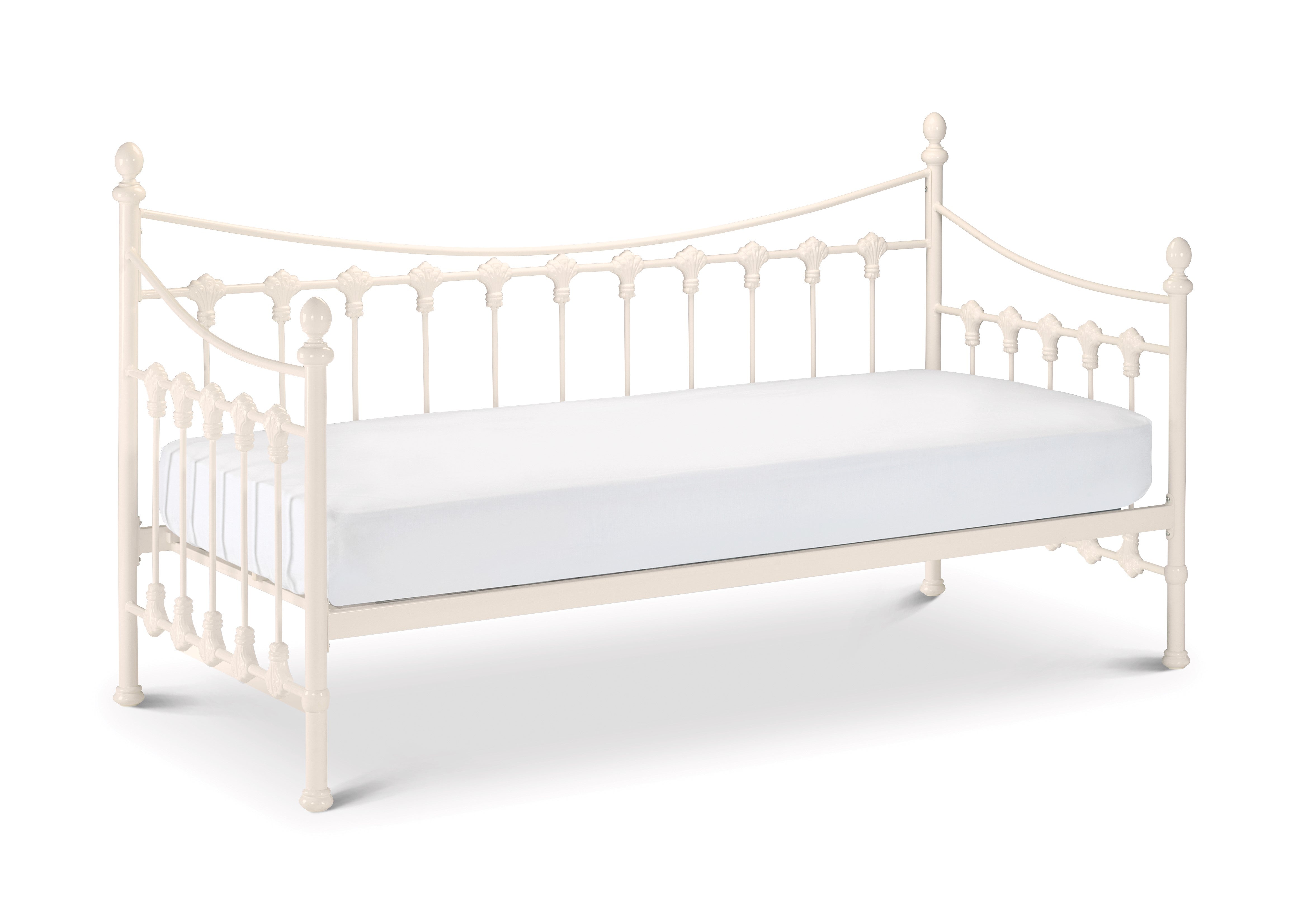 White metal bed frame with a mattress on a white background