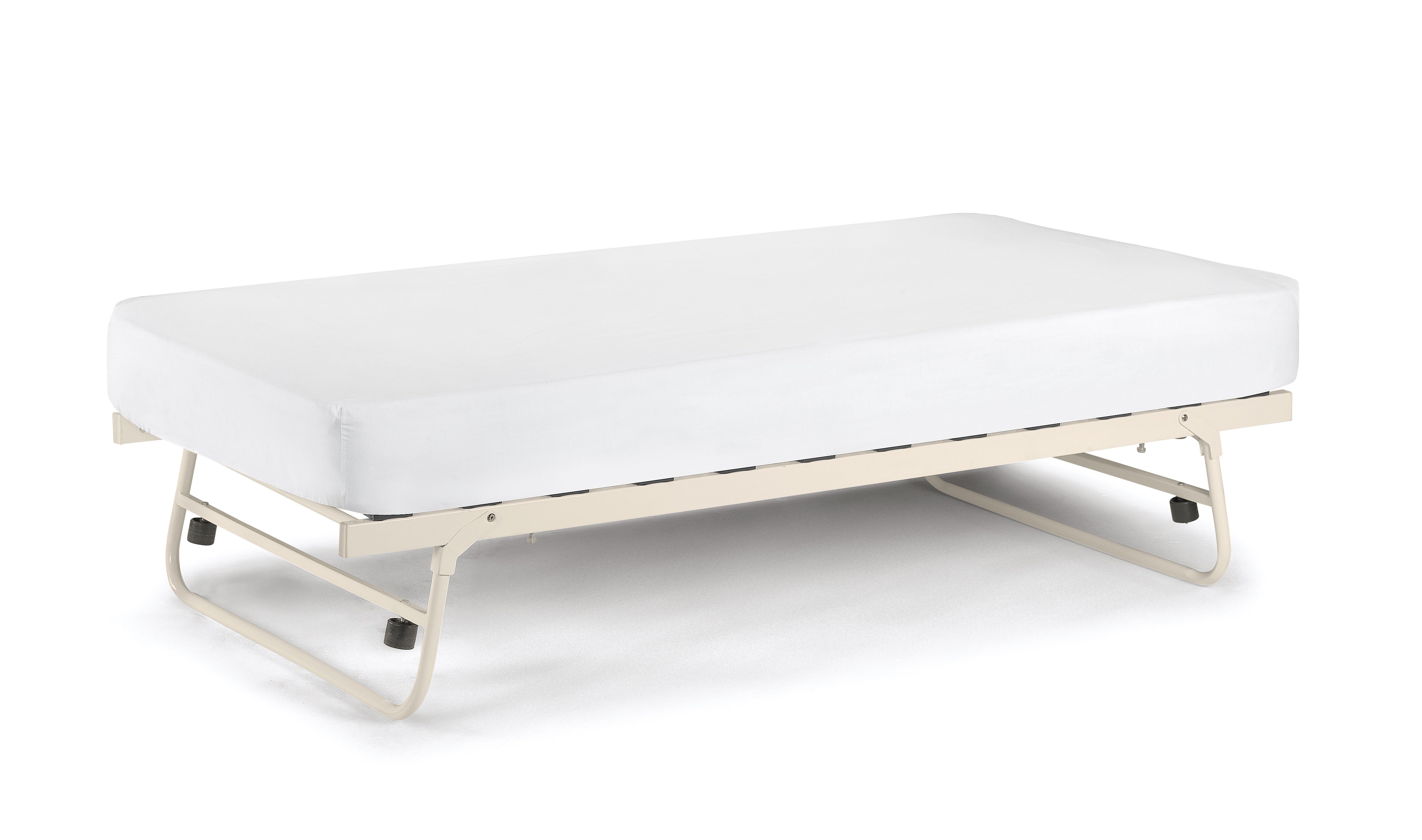 White bed frame with mattress on a white background