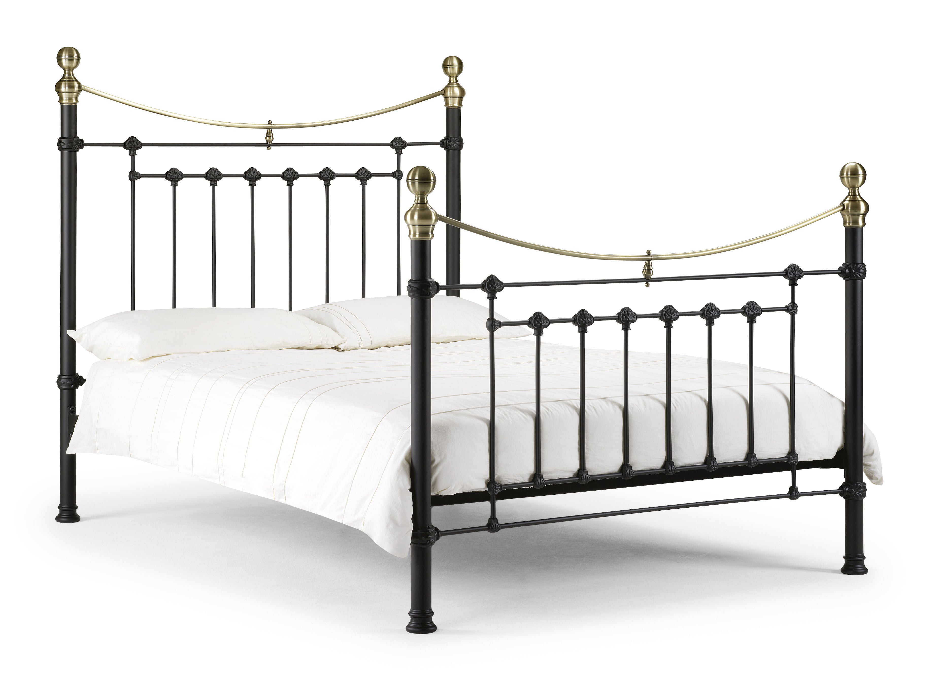 Black metal bed with brass accents on a white background