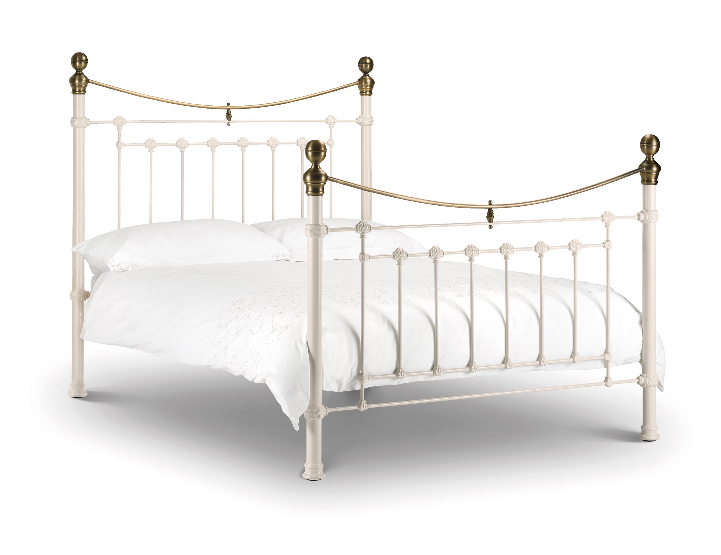 White metal bed with gold accents on a white background