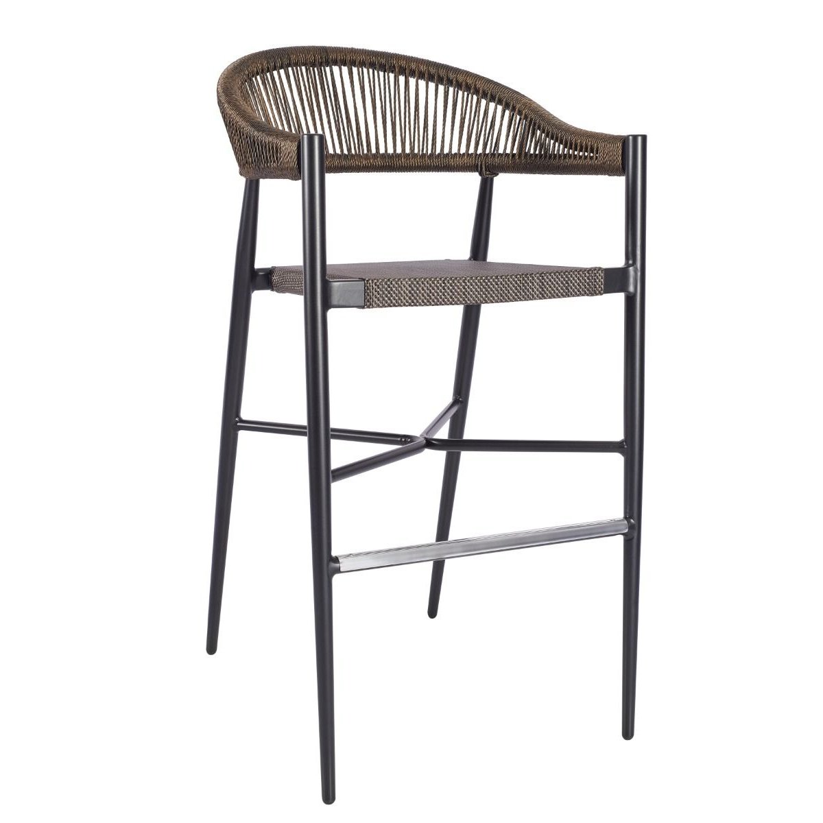 Bar stool with woven backrest and seat on a white background