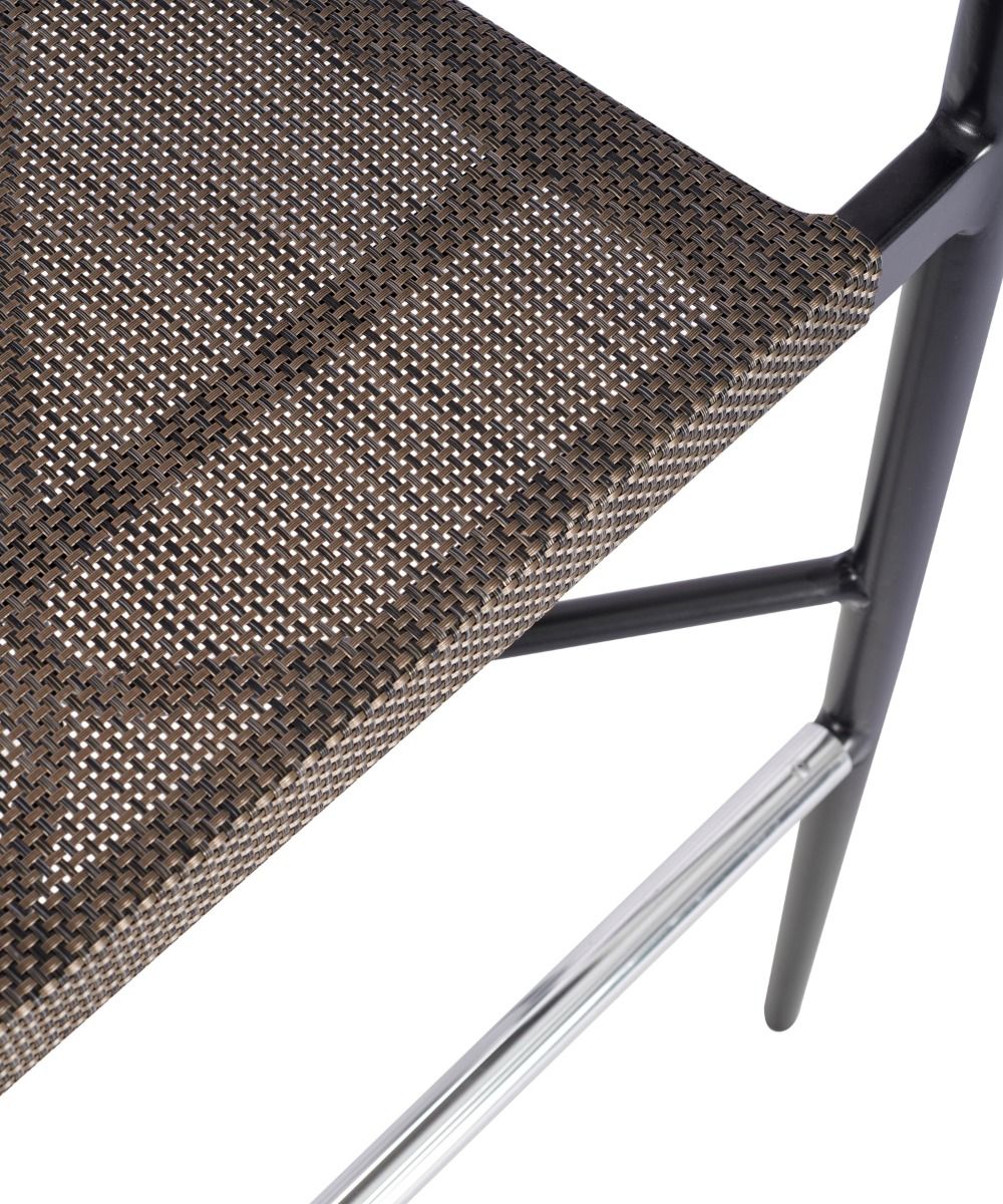 Close-up of a chair with woven brown backrest and metal frame on a white background