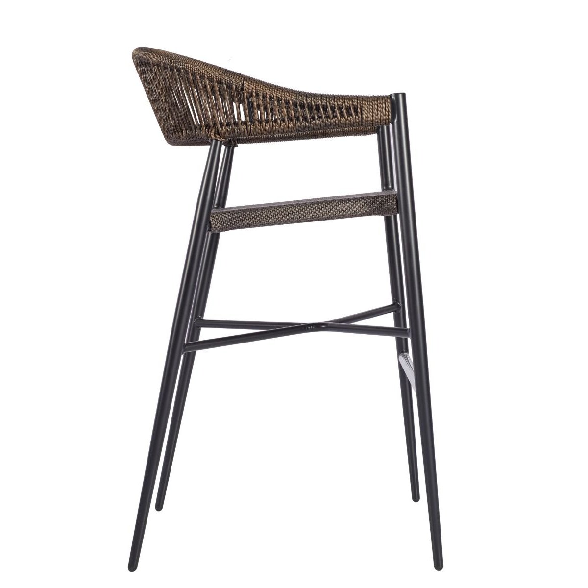 Bar stool with woven backrest and black metal frame on a white background
