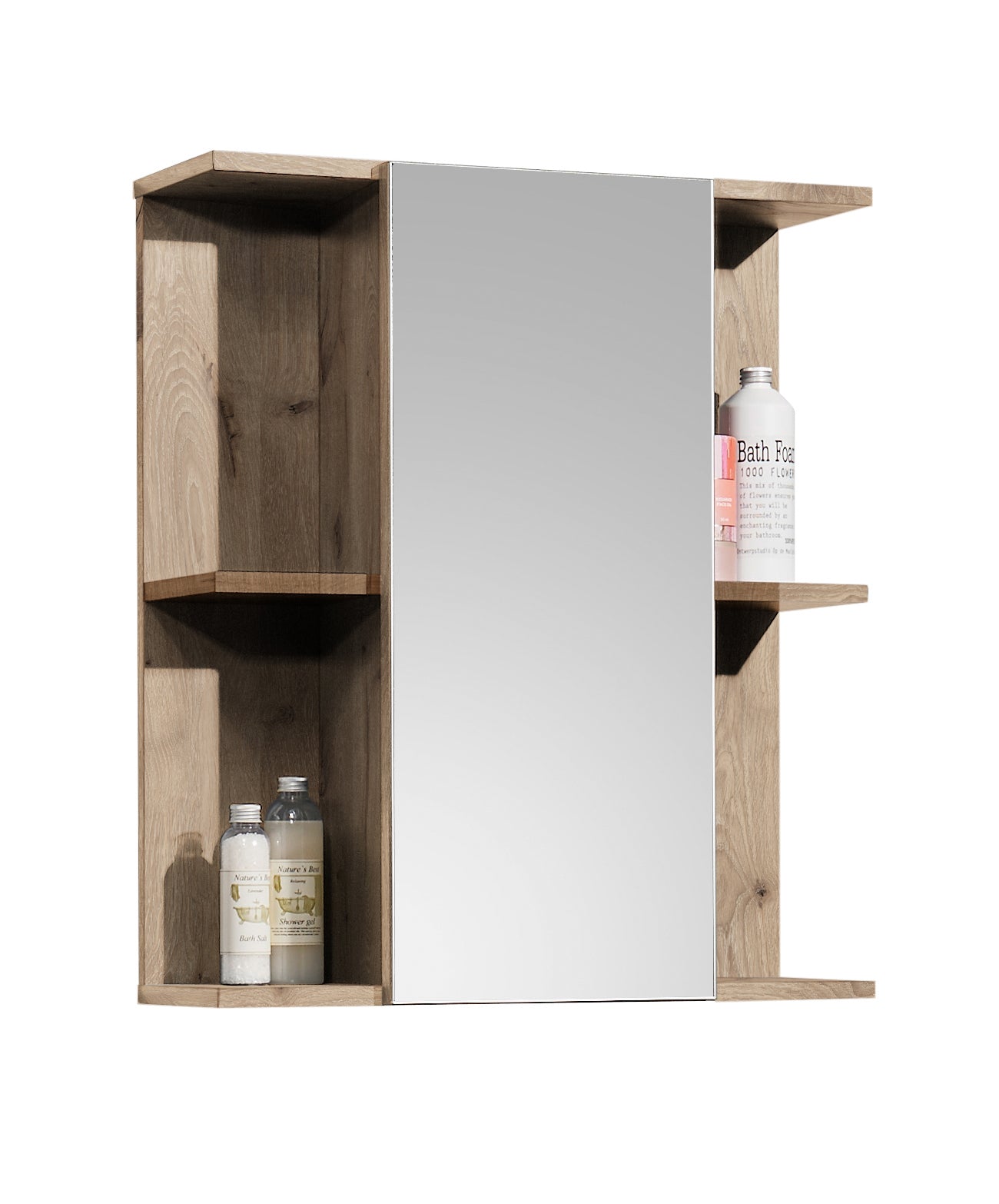 Wooden cabinet with a mirror and bath products on a white background