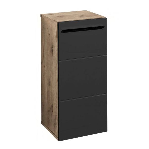 Tall cabinet with wooden front and black drawers on a white background