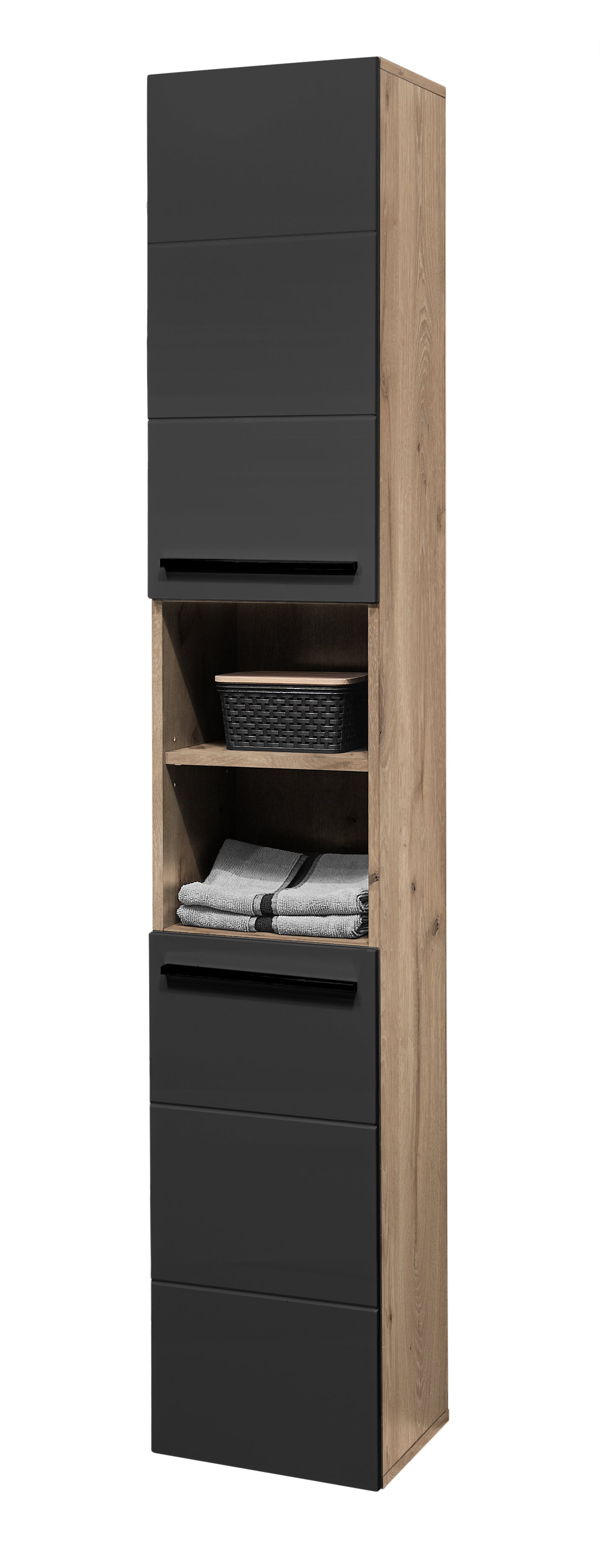 Tall narrow cabinet with black and wood finish on a white background