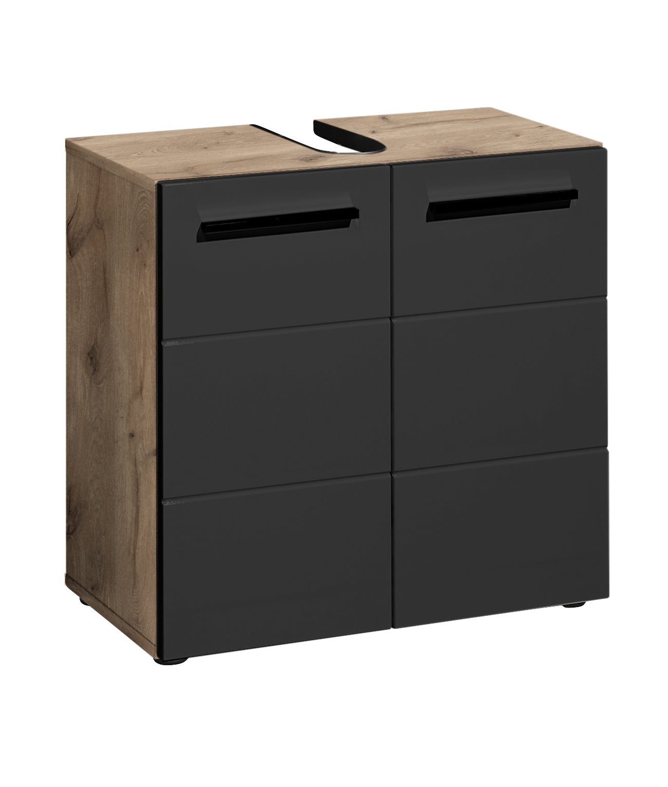 Furniture piece with wooden top and black drawers on a white background
