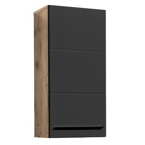 Tall black cabinet with wooden accents on a white background