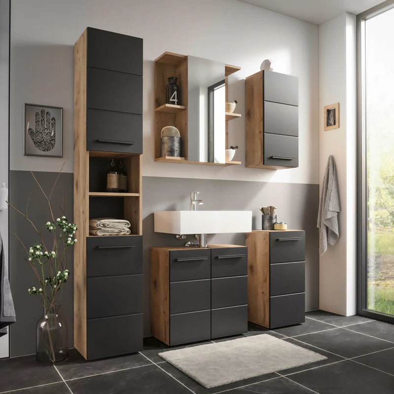 Modern bathroom interior with wooden and gray cabinets, sink, and mirror.