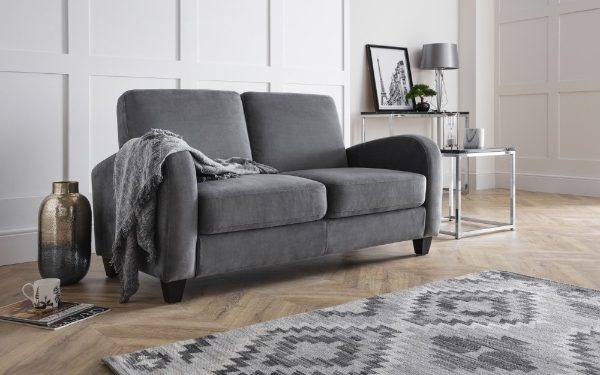 Gray sofa in a living room with a rug and decorative items.