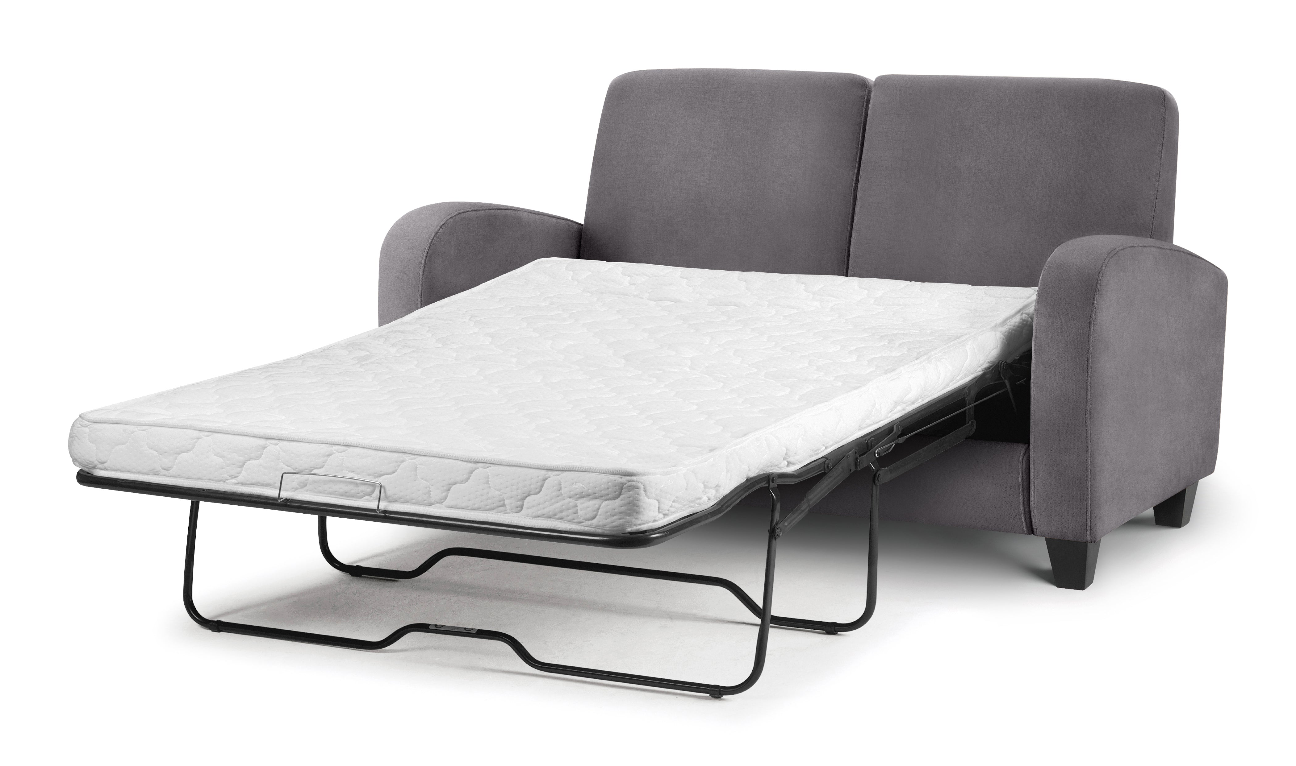 Gray sofa bed with a mattress pulled out on a white background