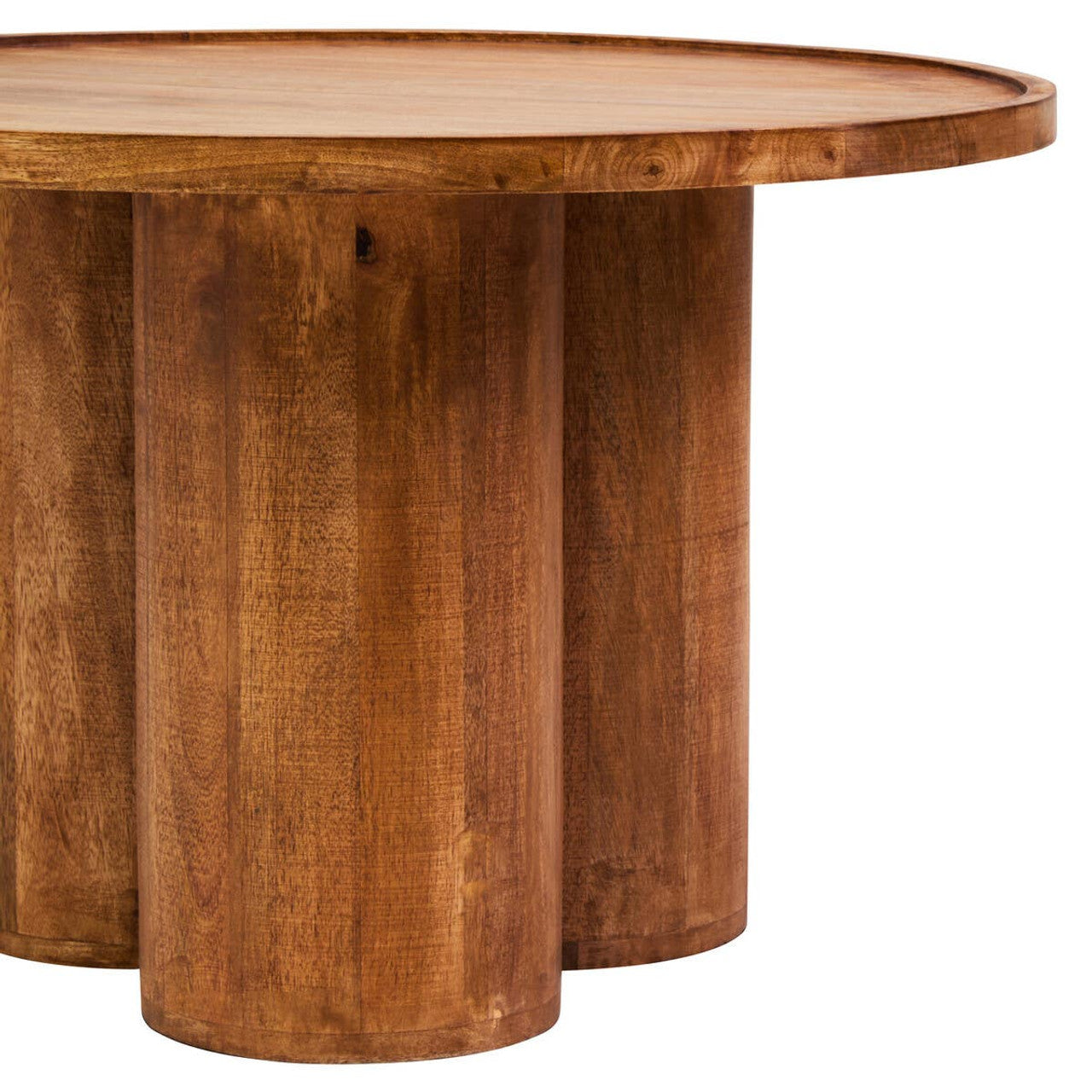 Round wooden table with a natural finish on a white background