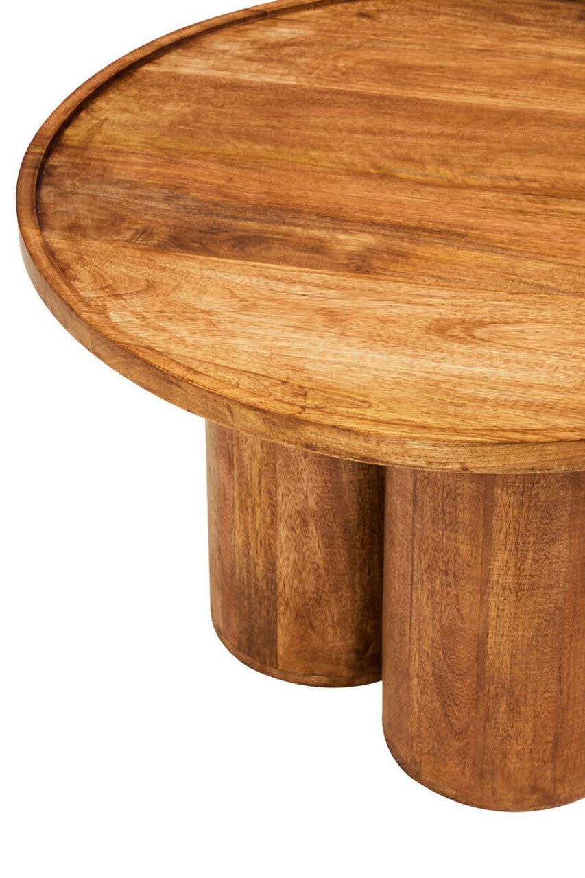 Wooden side table with a round top and cylindrical legs on a white background