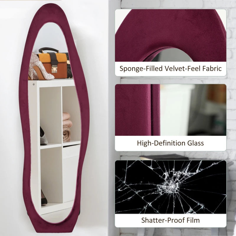 Maroon framed mirror with close-up details on fabric, glass, and shatter-proof film.