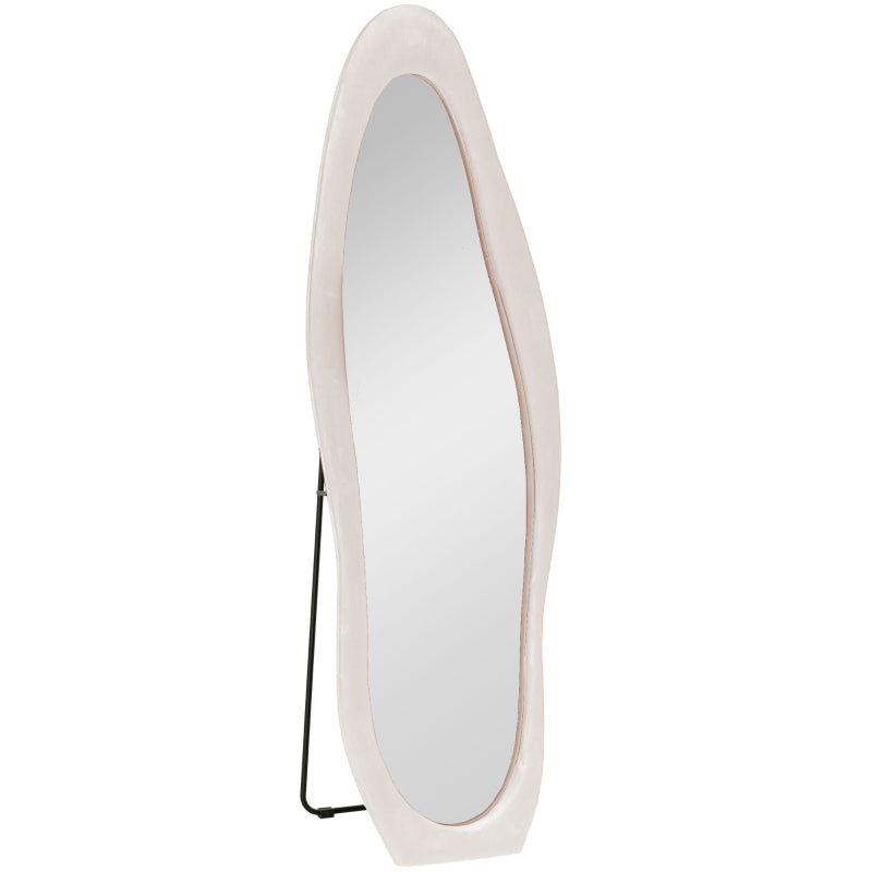 Oval mirror with a white frame on a black stand against a white background