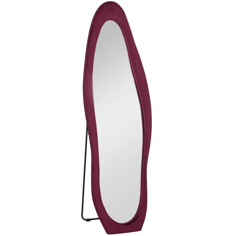 Oval mirror with a maroon frame on a white background