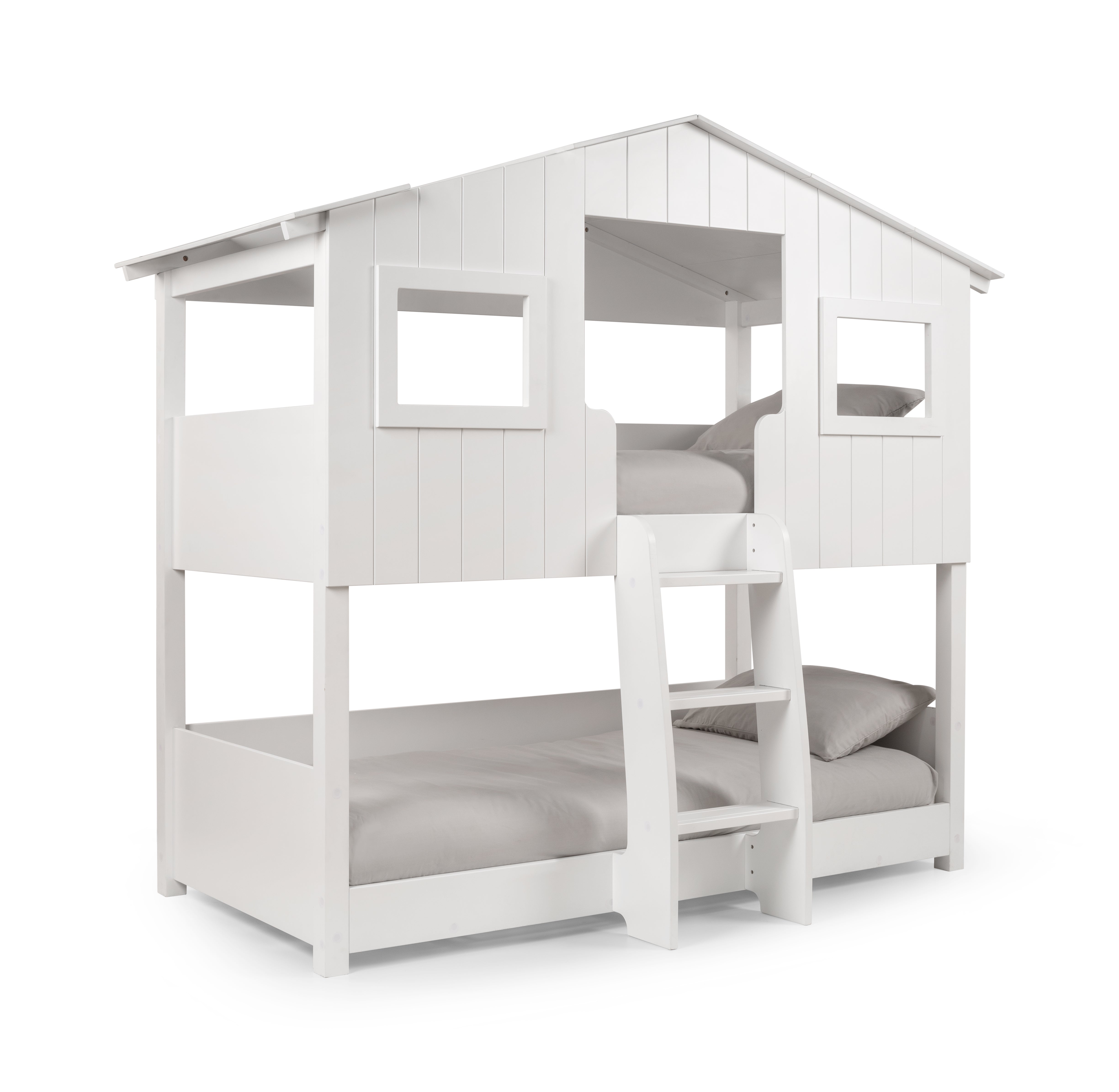 White children's bunk bed with a house-like design on a white background