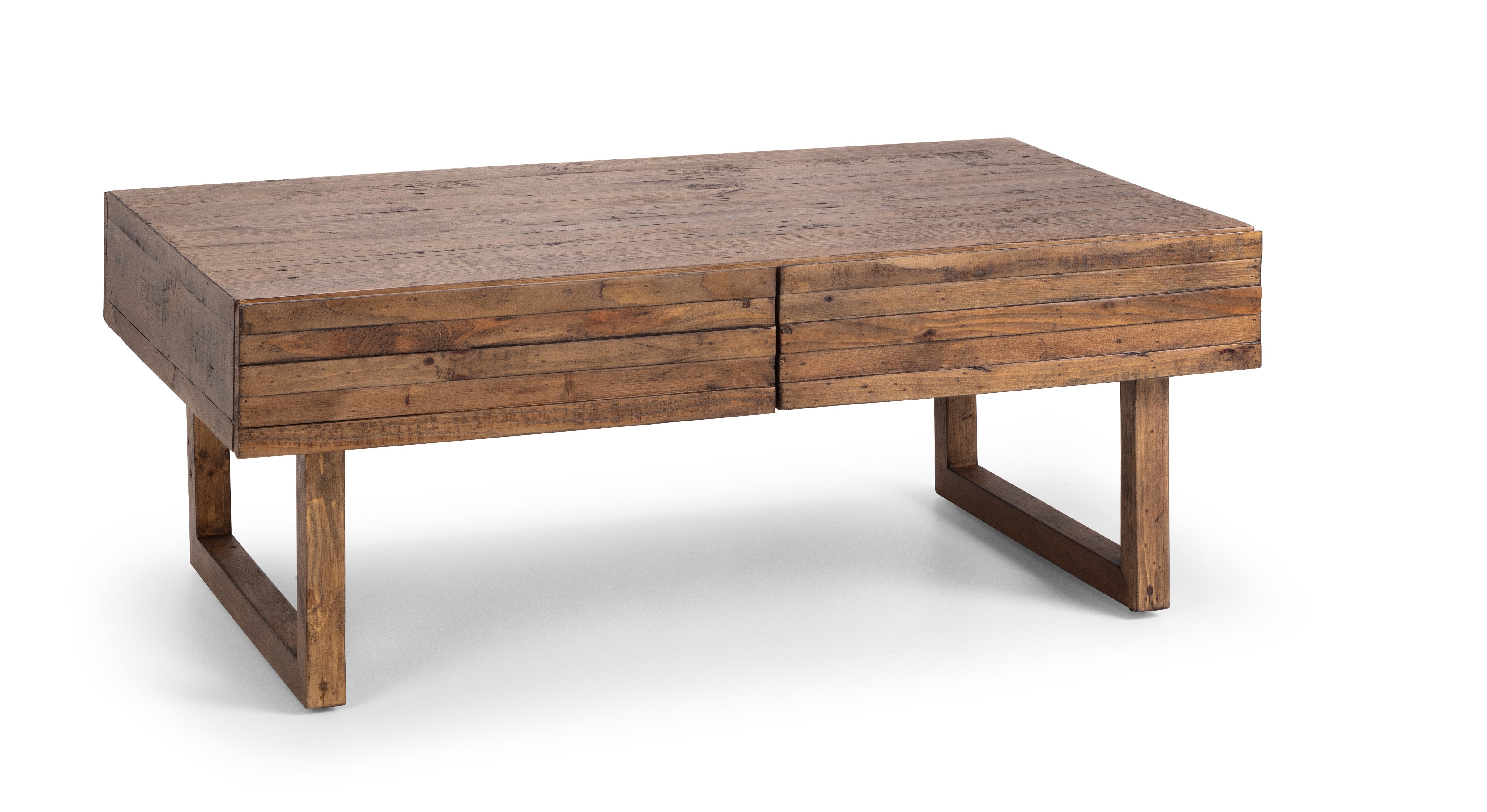 Wooden coffee table with a rustic finish on a white background
