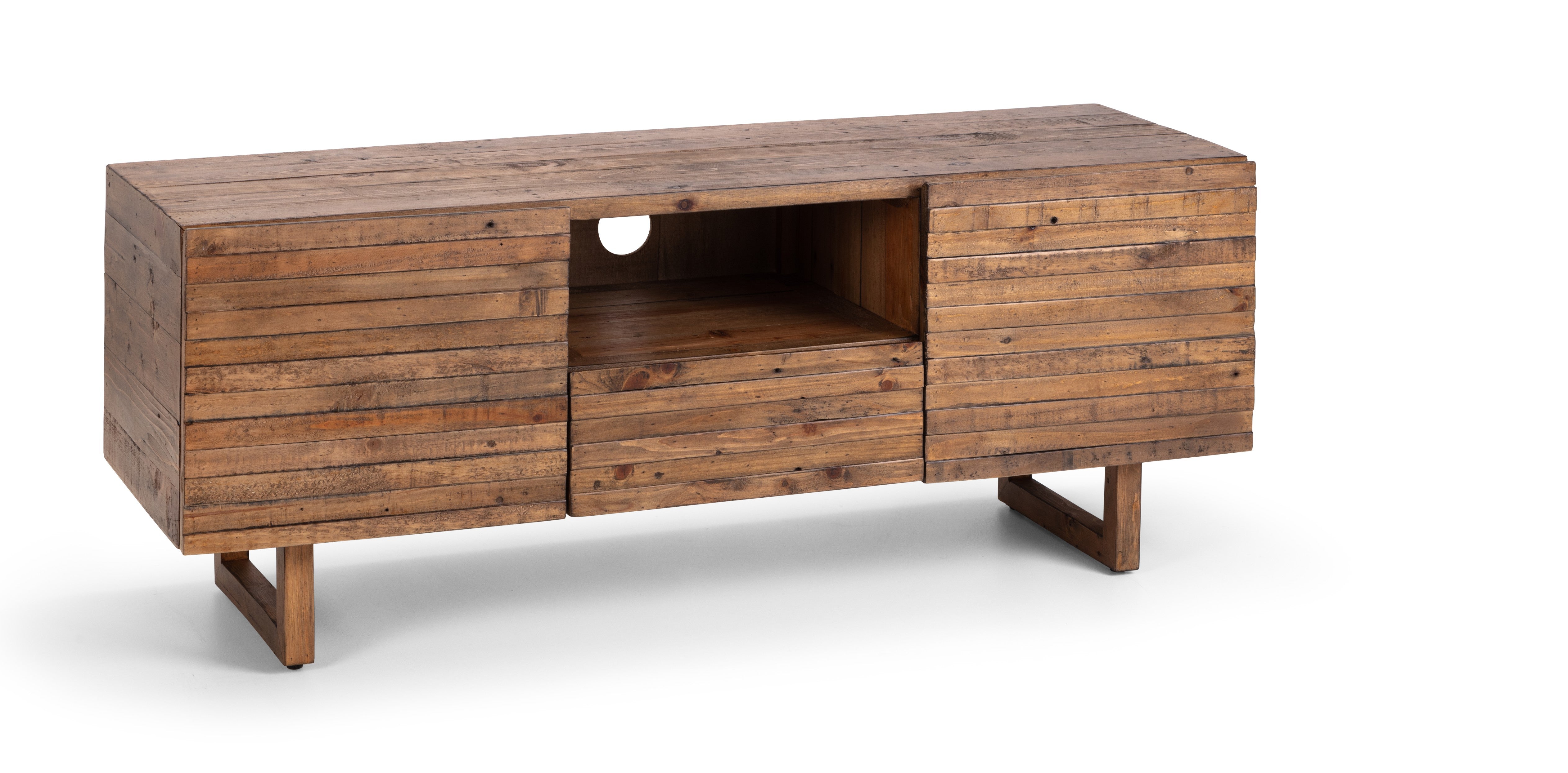 Wooden TV stand with a rustic design on a white background