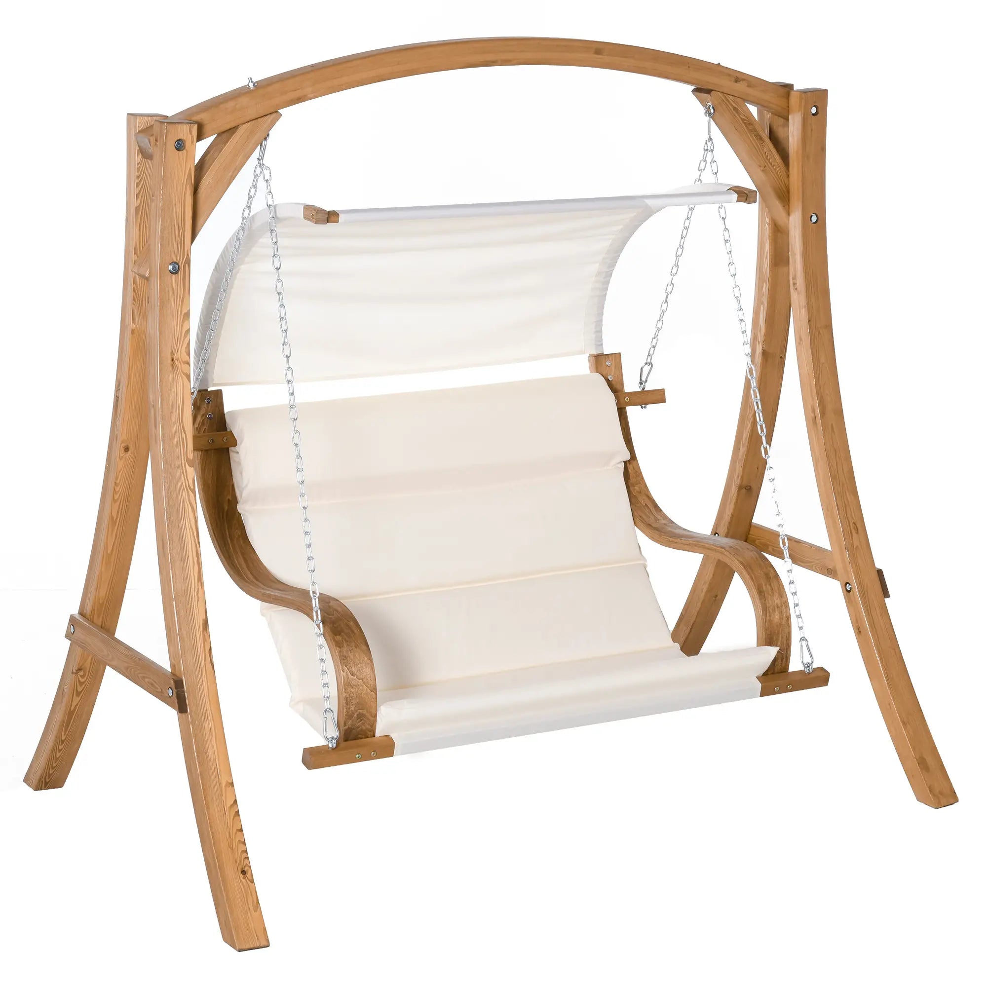 Wooden swing with white seat and backrest on a white background