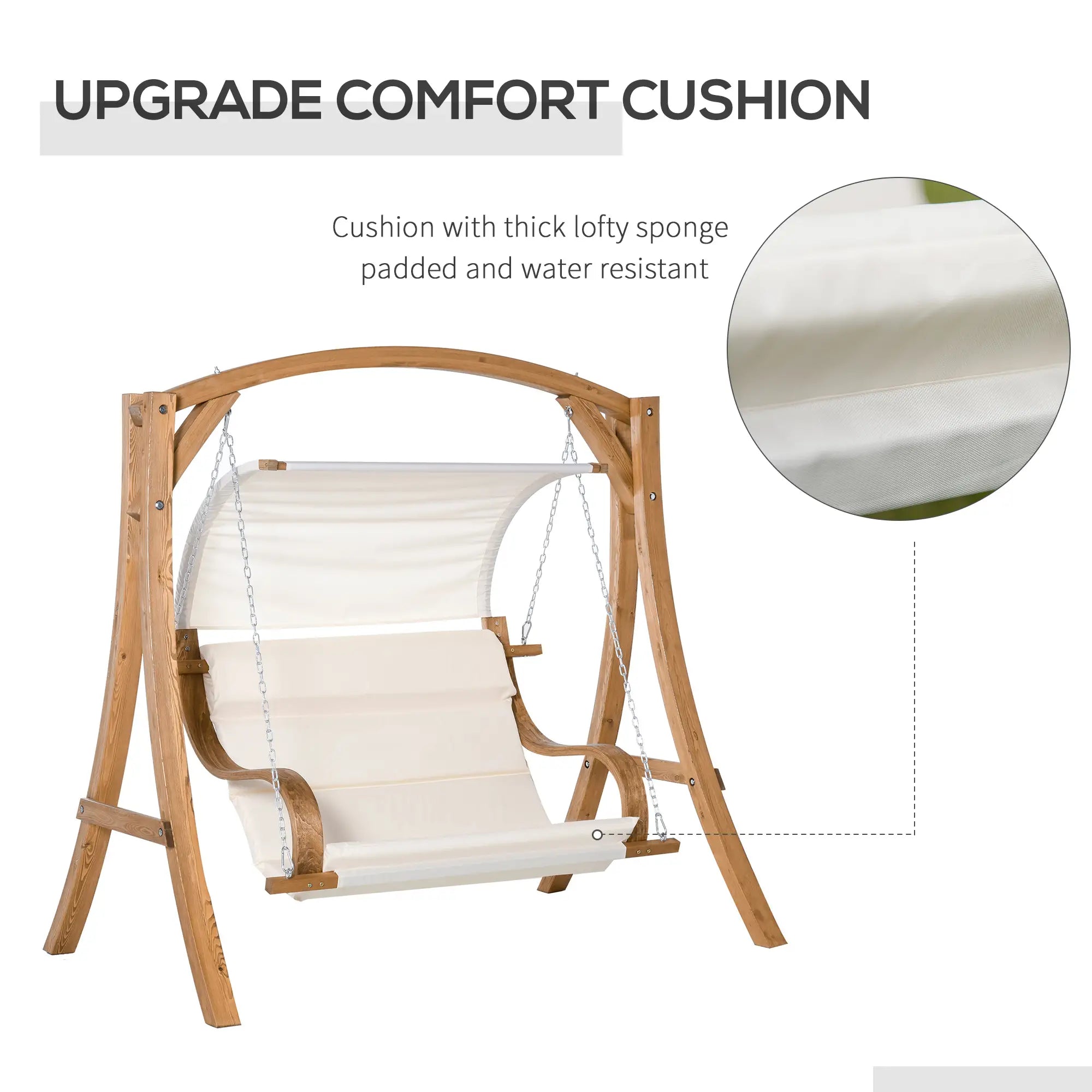 Wooden swing chair with white cushion and close-up of cushion texture on a white background.