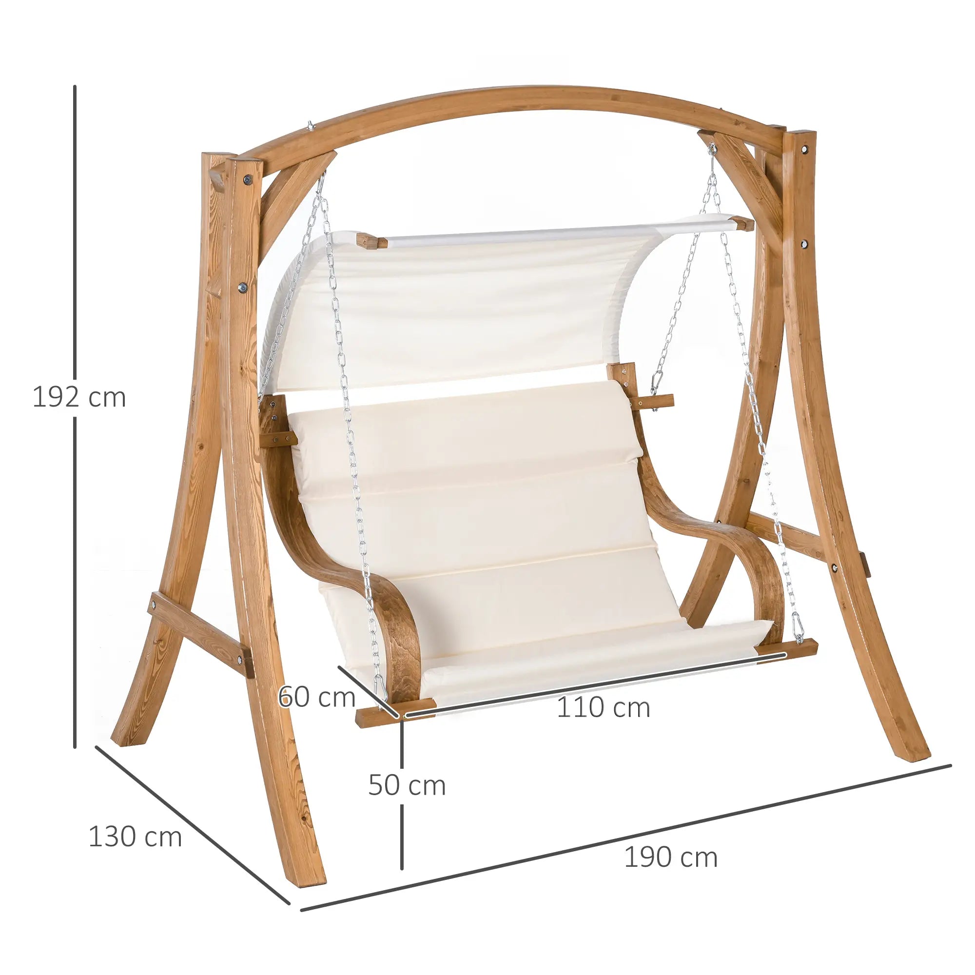 Wooden swing chair with white seat and backrest, shown with dimensions on a white background.