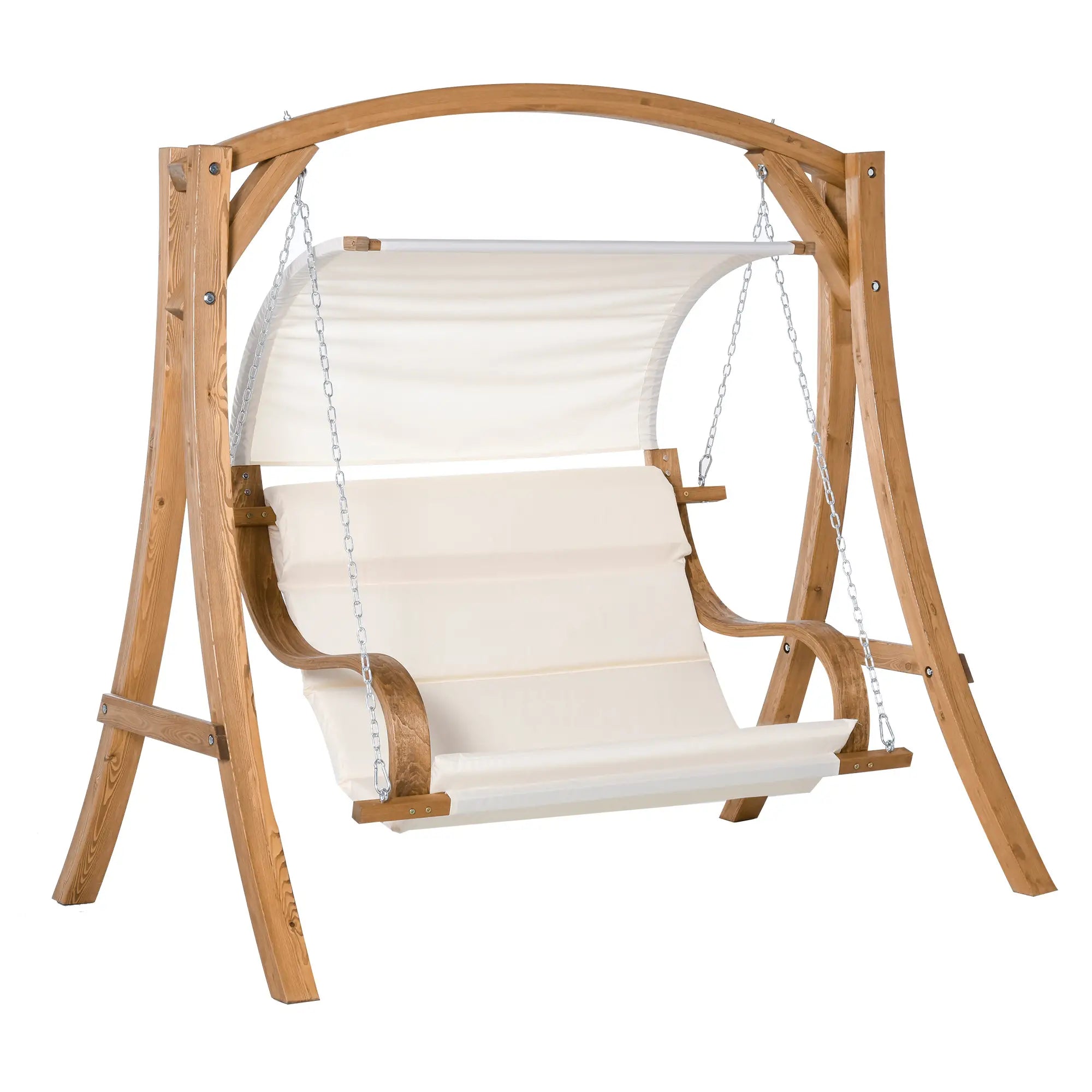 Wooden swing with white seat on a white background