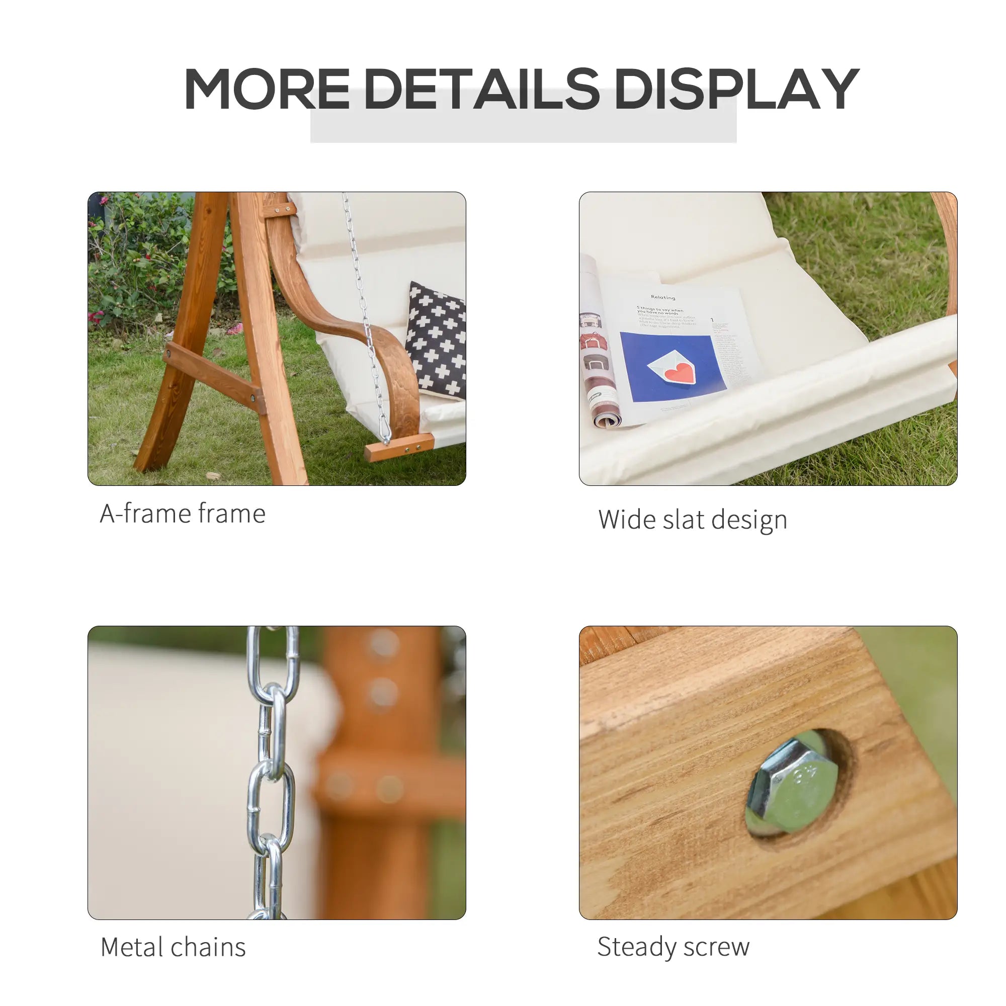 Product details of a swing with A-frame frame, wide slat design, metal chains, and steady screw.