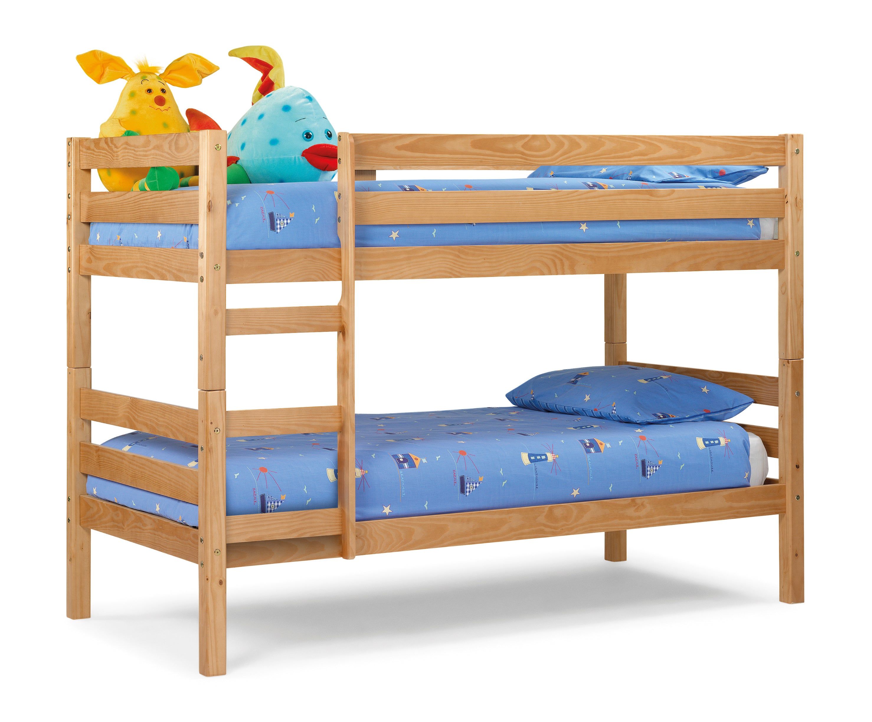 Wooden bunk bed with blue bedding and colorful toys on a white background