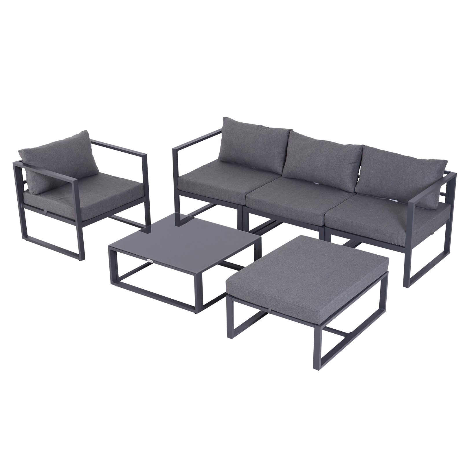 Outdoor furniture set with sofa, chairs, and tables on a white background