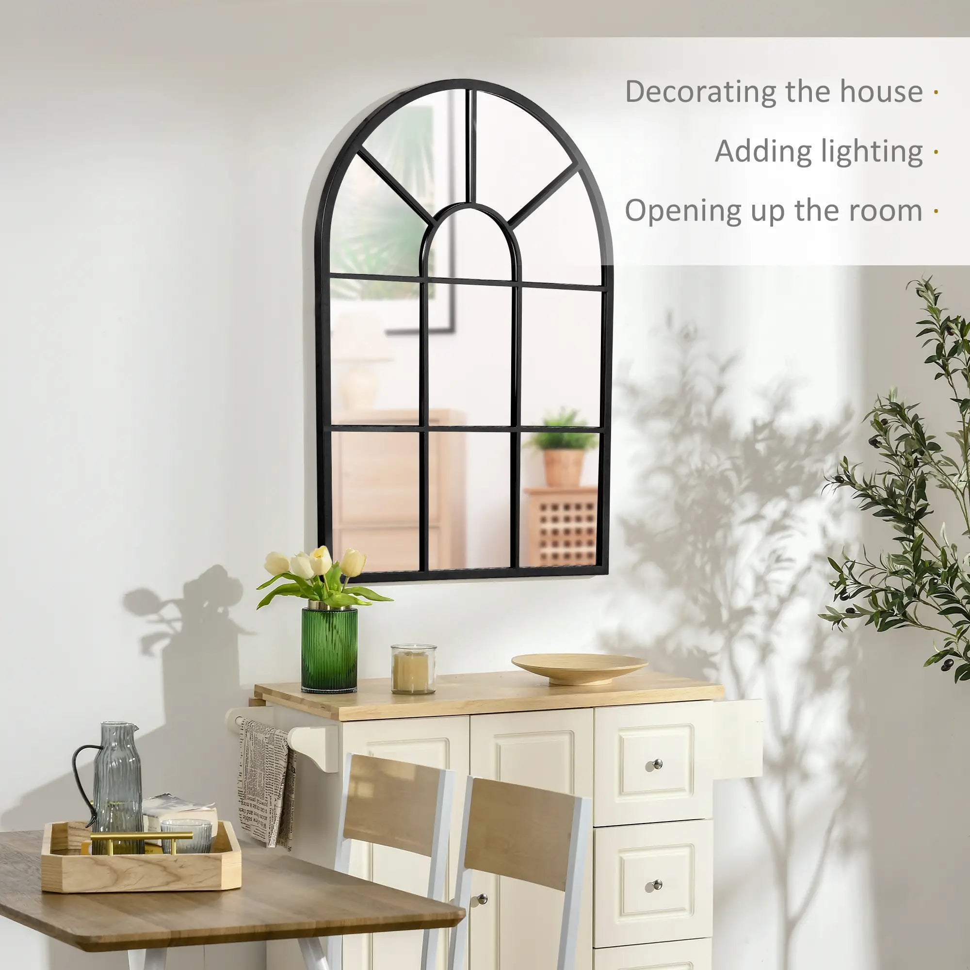 Decorative mirror on a wall with text about home decor.