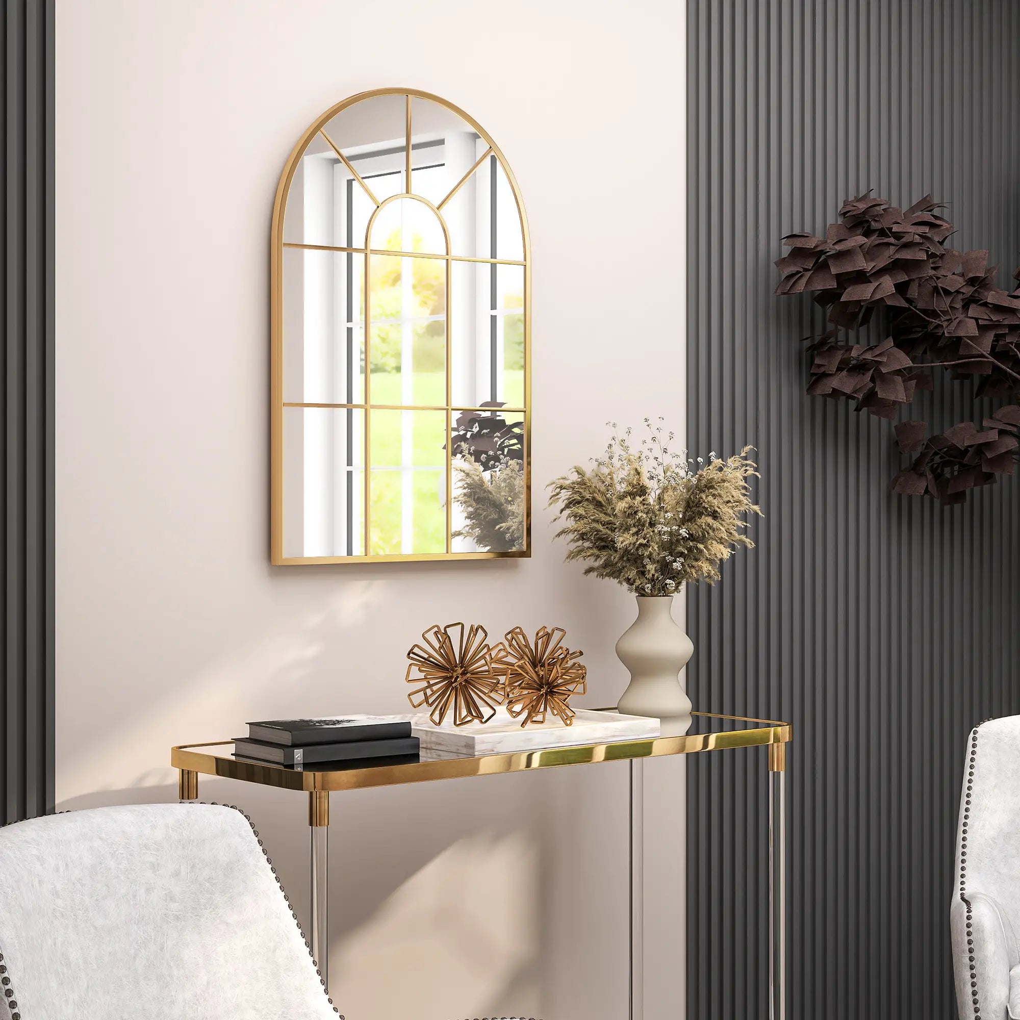 Modern interior design with a console table, mirror, and decorative items.