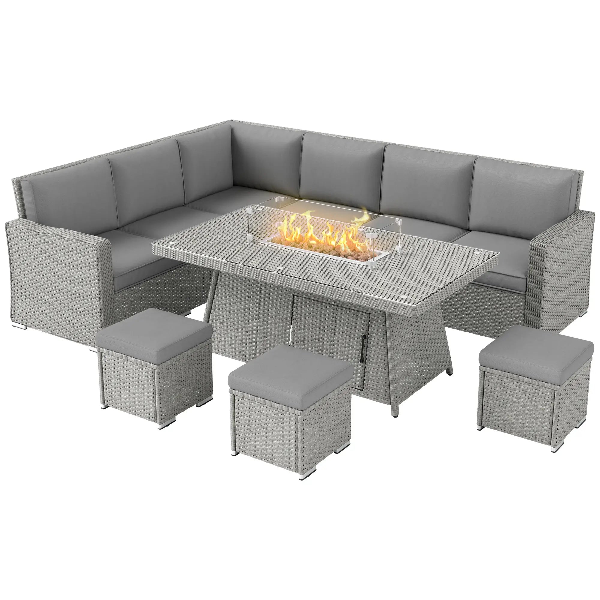 Zara Firepit Table Rattan Sofa Set featuring a grey corner sofa and central firepit table