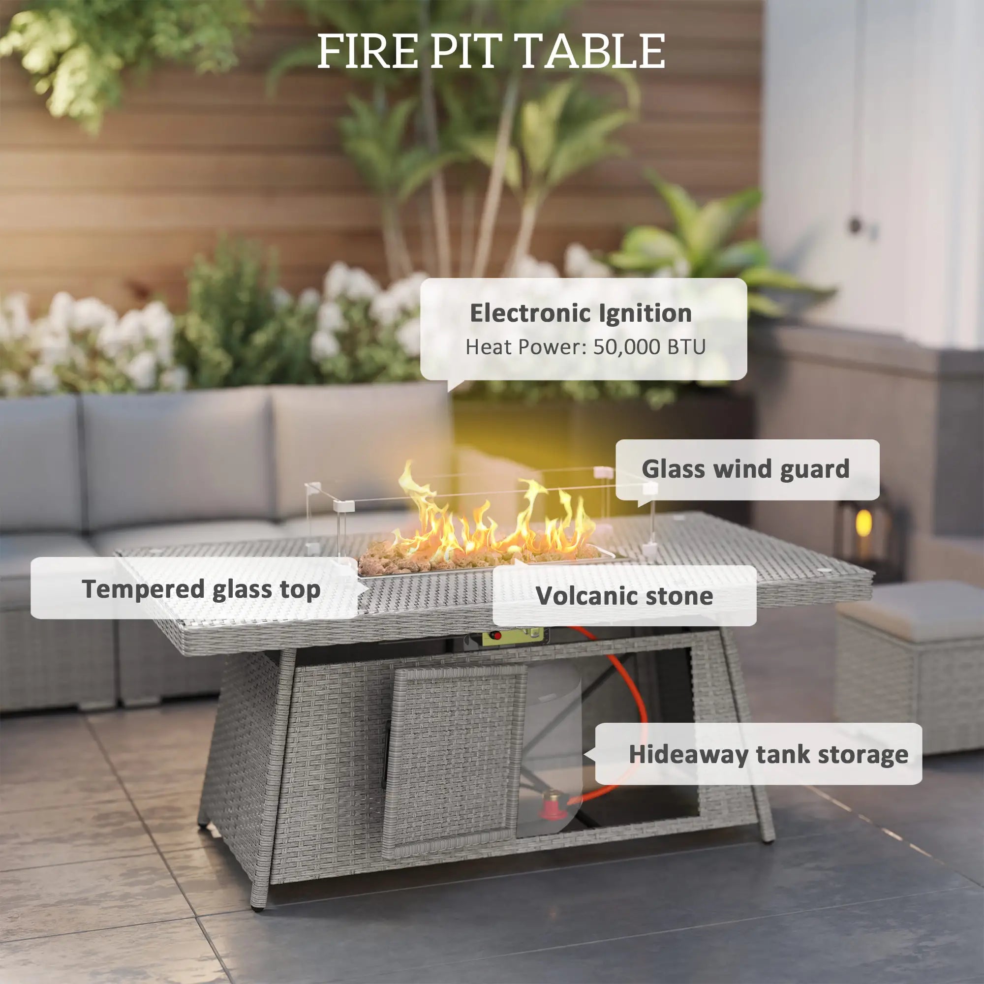 Fire pit table with features highlighted in an outdoor setting