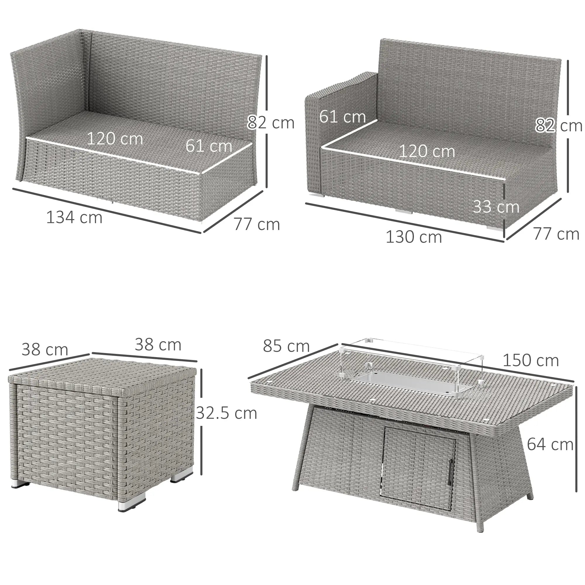 Dimensions of outdoor furniture set including a sofa, armchair, table, and fire pit.