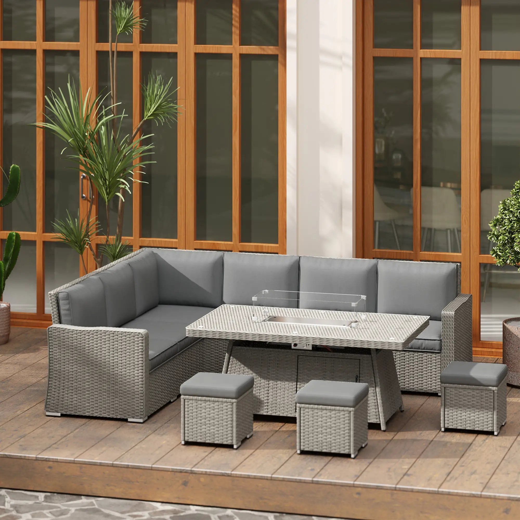 Zara firepit table rattan sofa set with grey cushions arranged on a modern outdoor deck