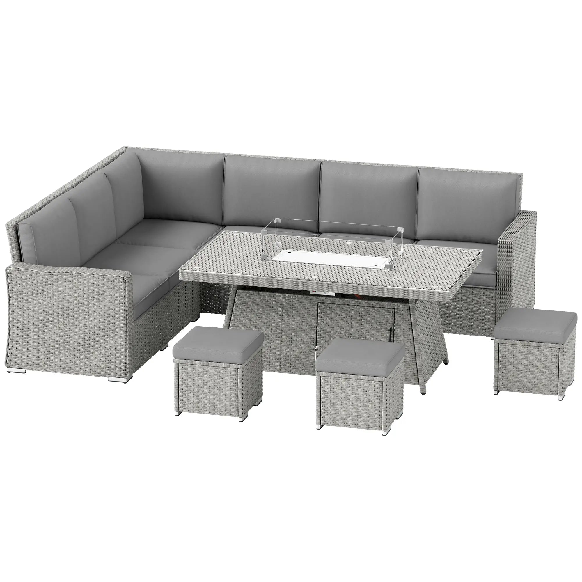 Gray outdoor sectional sofa with table and stools on a white background