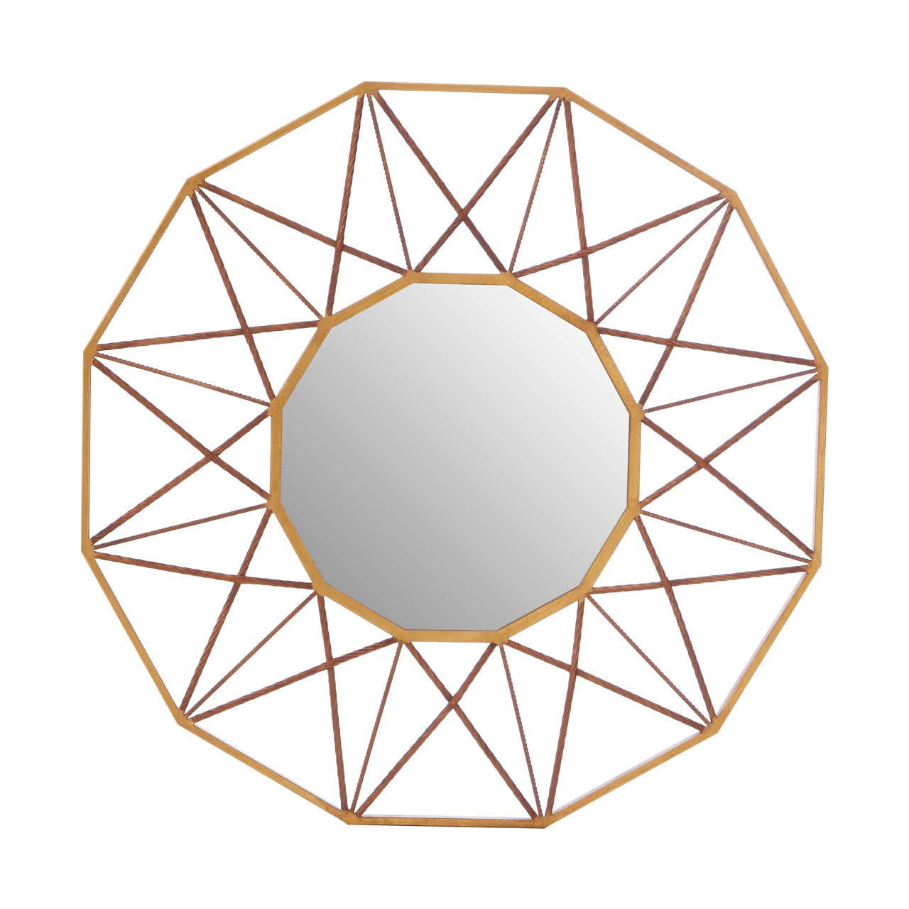 Decorative wall mirror with geometric copper frame on a white background