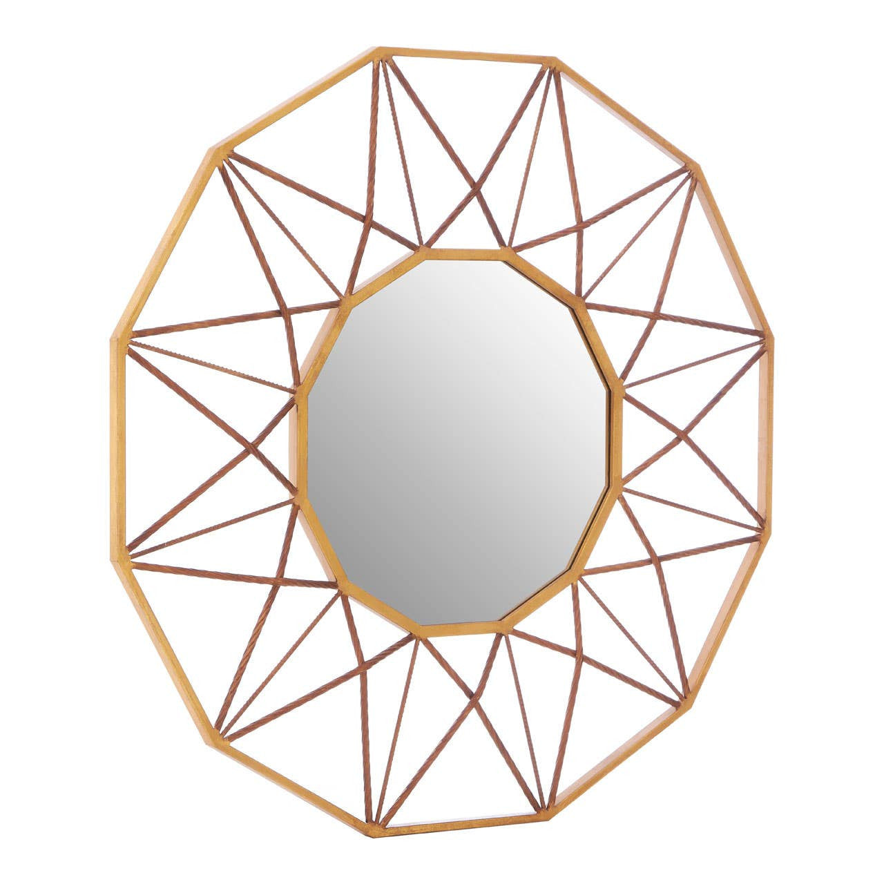 Decorative wall mirror with geometric copper frame on a white background