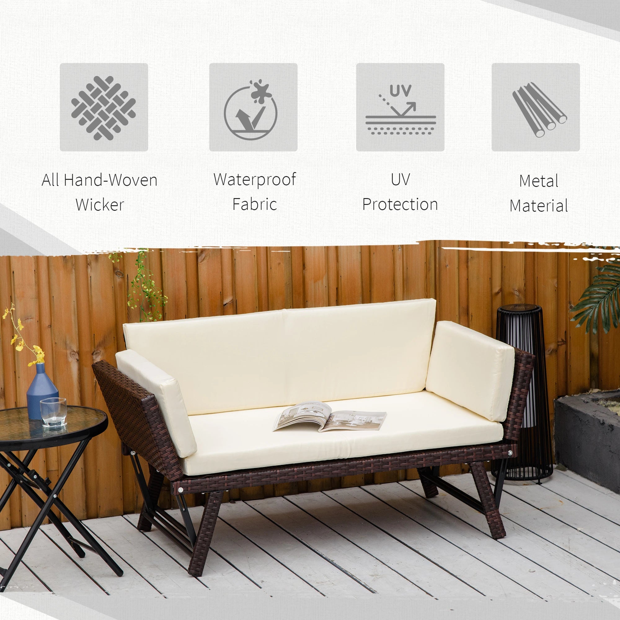 Outdoor sofa with beige cushions on a wooden deck, featuring icons and text about material properties.
