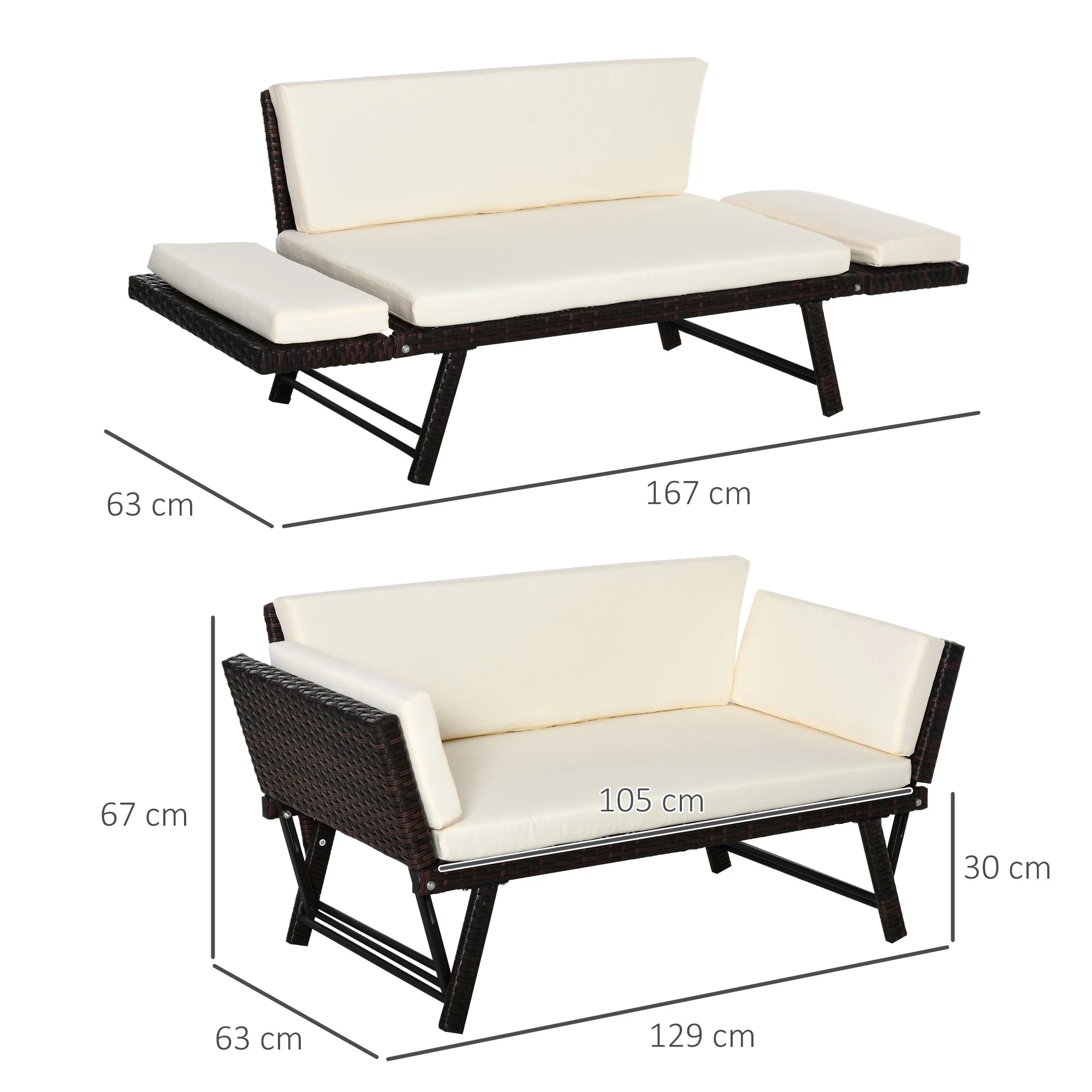 Dimensions of a wicker outdoor sofa with white cushions on a white background